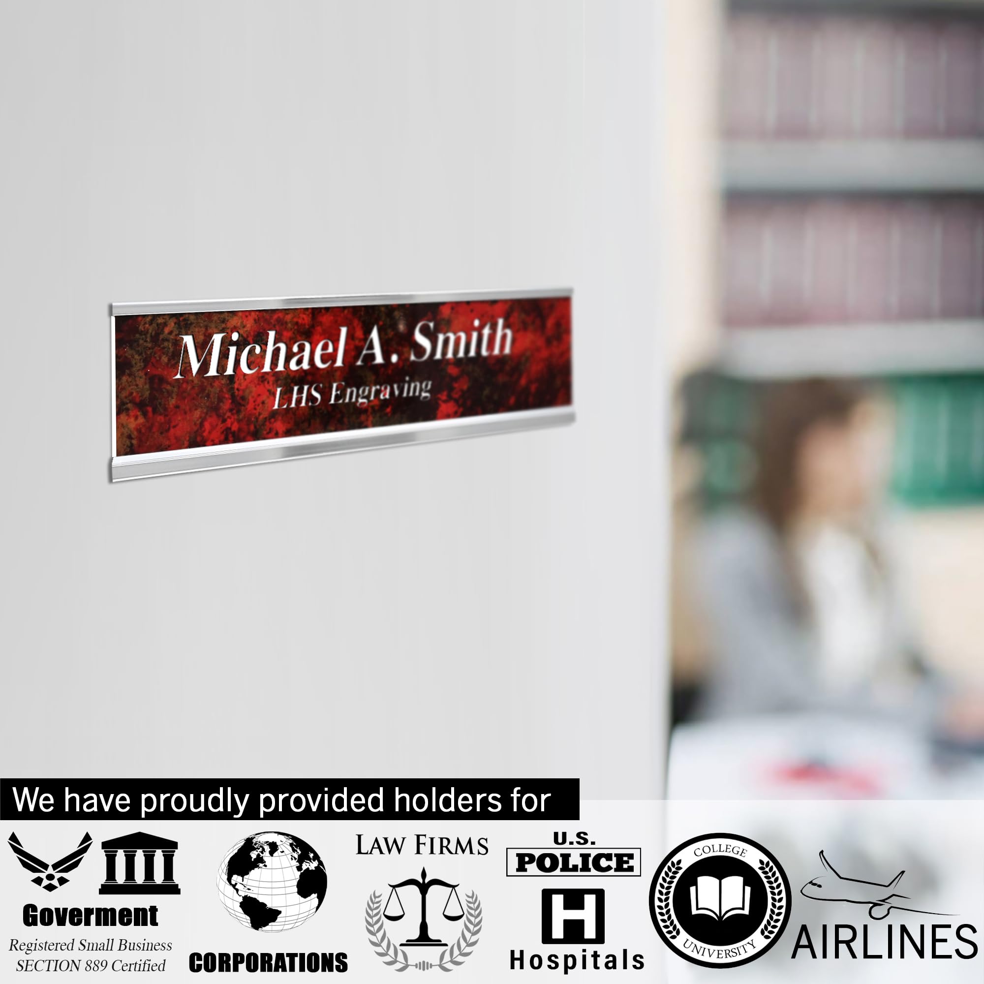 LHS - Door Name Plate Personalized for Office White Plastic Name Plate Black Letters | 2x8 - B16