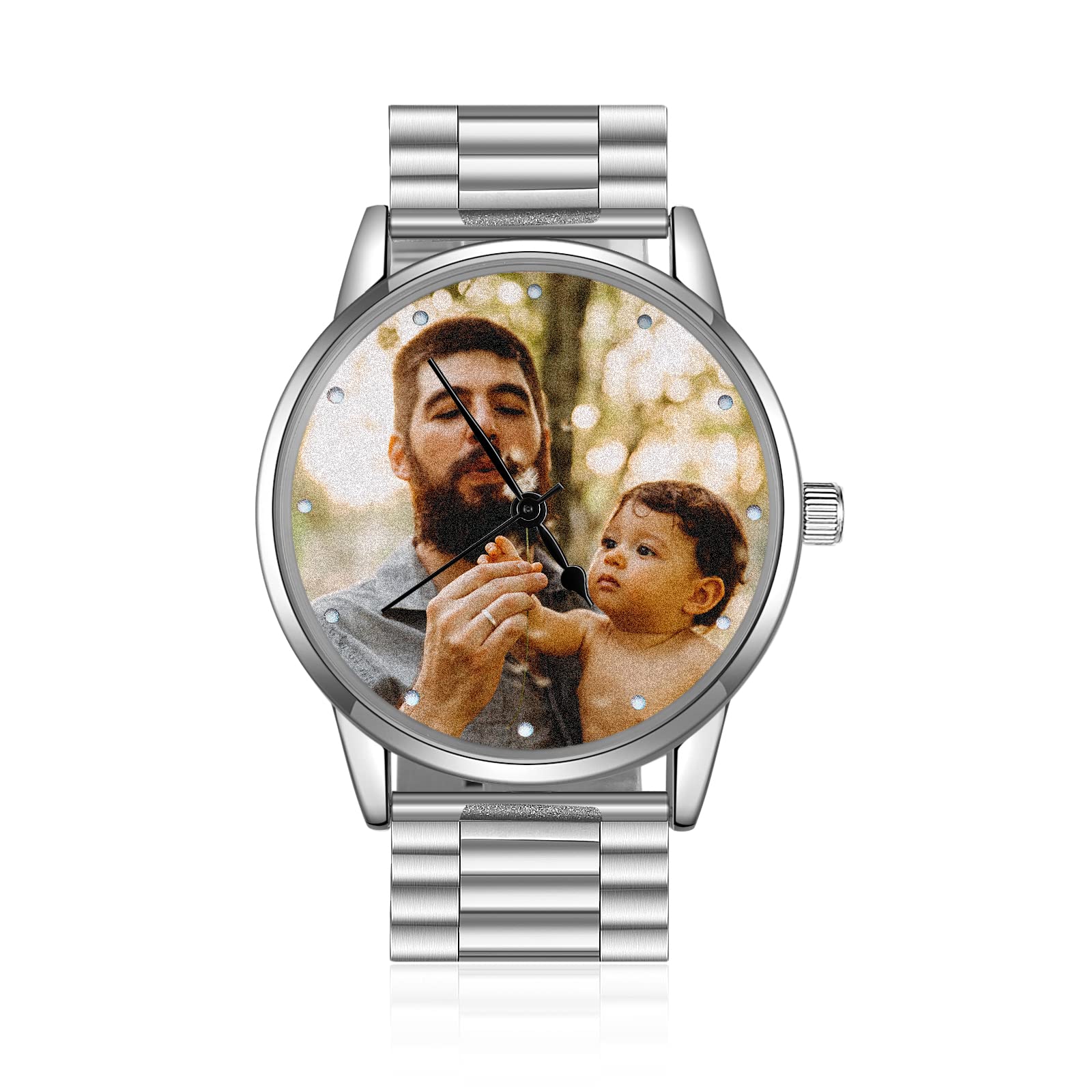 Jeweidea Personalized Photo Watch for Men Custom Engraved Name Picture Watch Stainless Steel Wrist Watch Unique Gift for Dad, Husband (Silver)