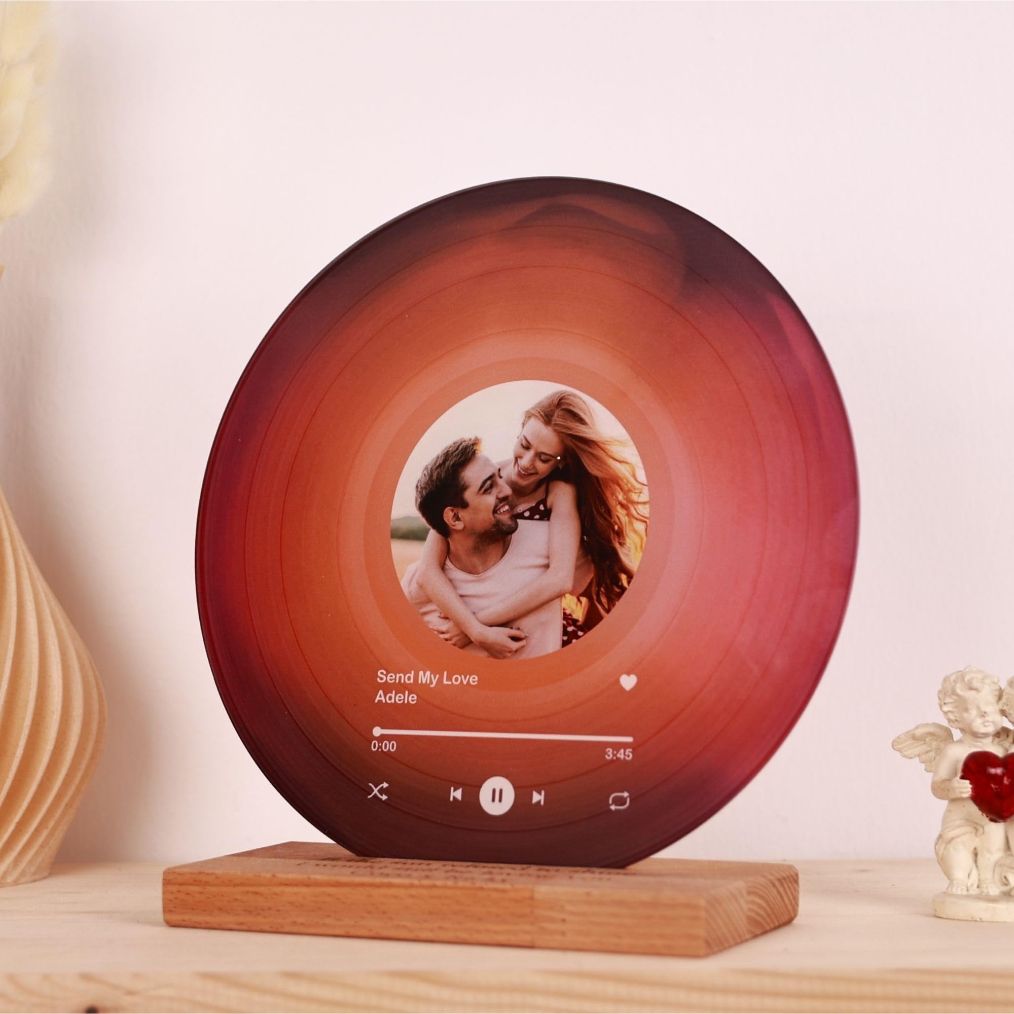 Personalized Vinyl Record with Photo - Custom Acrylic Song Plaque - Unique Gifts for Anniversary, Wedding, Birthday, Valentine’s Day - Decorative Music Home Decor for Couples PLQ0028 (Flame Red)