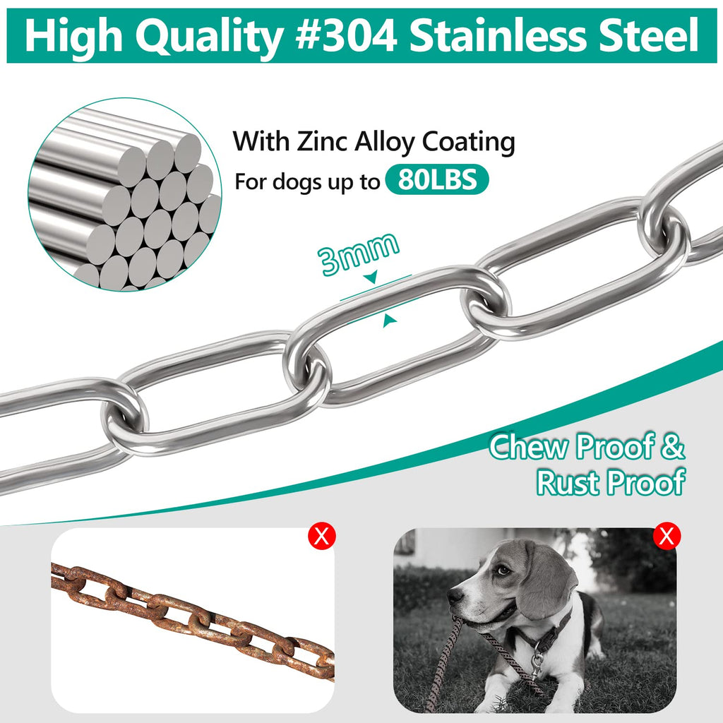 Tresbro Heavy Duty Dog Chains for Outside, 15FT Stainless Steel Tie Out Cable with Swivel Hook for Small Medium Dogs, Metal Chew Proof Pet Runner Chain Leash Lead for Outdoor Camping Hiking Yard, 3MM