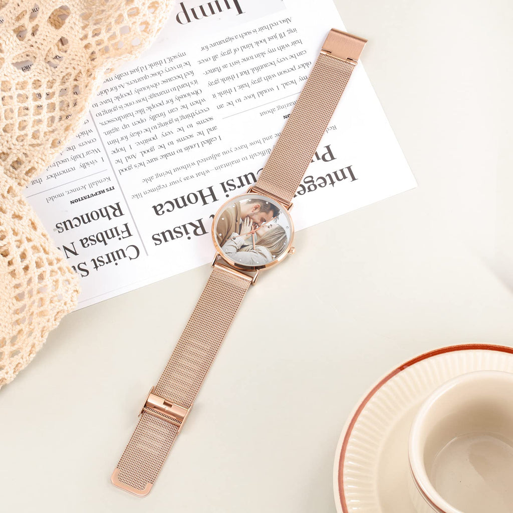 OPALSTOCK Personalized Watch Engraved Words Photo Wrist Watches Leather Strap Handmade Couple Watch Customized Father's Mother's Groom Gift (rose gold)