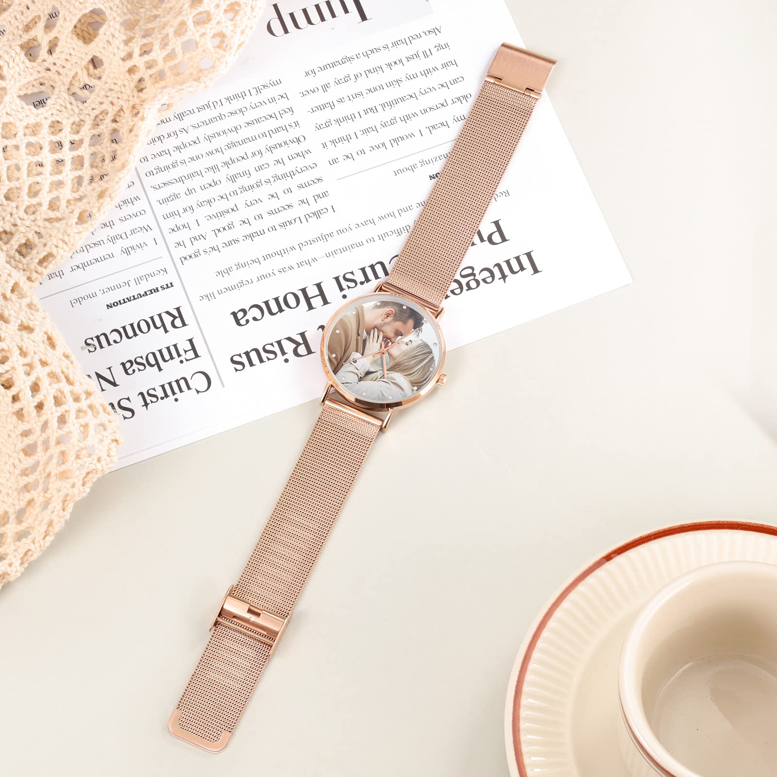 OPALSTOCK Personalized Watch Engraved Words Photo Wrist Watches Leather Strap Handmade Couple Watch Customized Father's Mother's Groom Gift (rose gold)