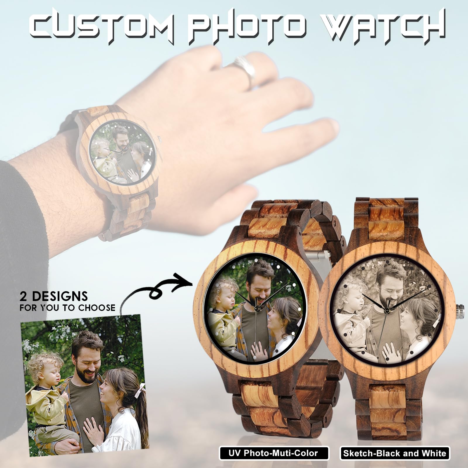 Personalized Customized Wooden Watch for Men Original Engraved Photo Natural Wood Watches with Adjustable Wristband for Birthday Anniversary Present for Husband Dad Son or Boyfriend (Colorful)