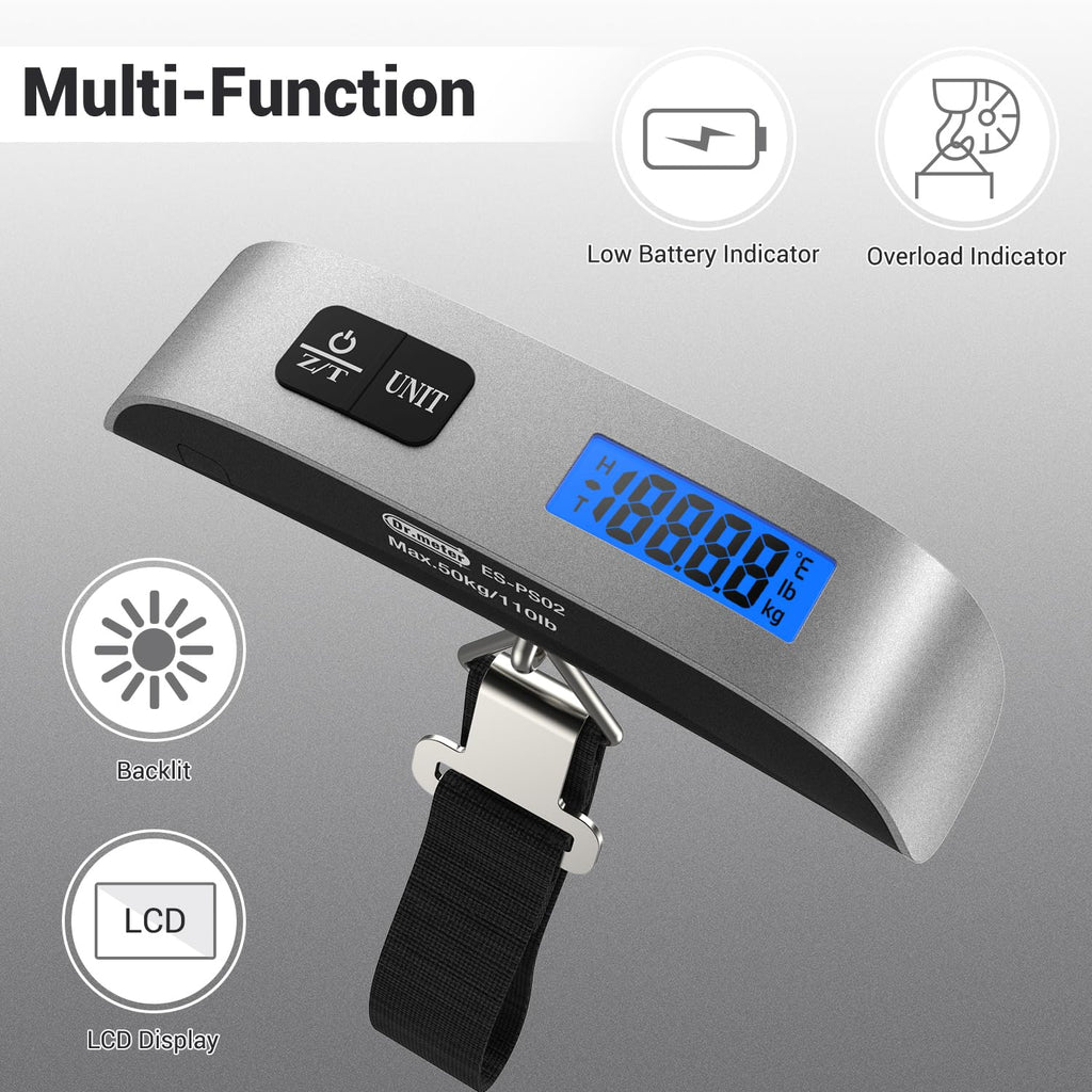 Luggage Scale, Dr.meter Travel Essentials Backlight LCD Display 110lb/50kg Luggage Weight Scale for Travel Accessories Portable Handheld Scale with Rubber Paint, Temperature Sensor, Battery Included