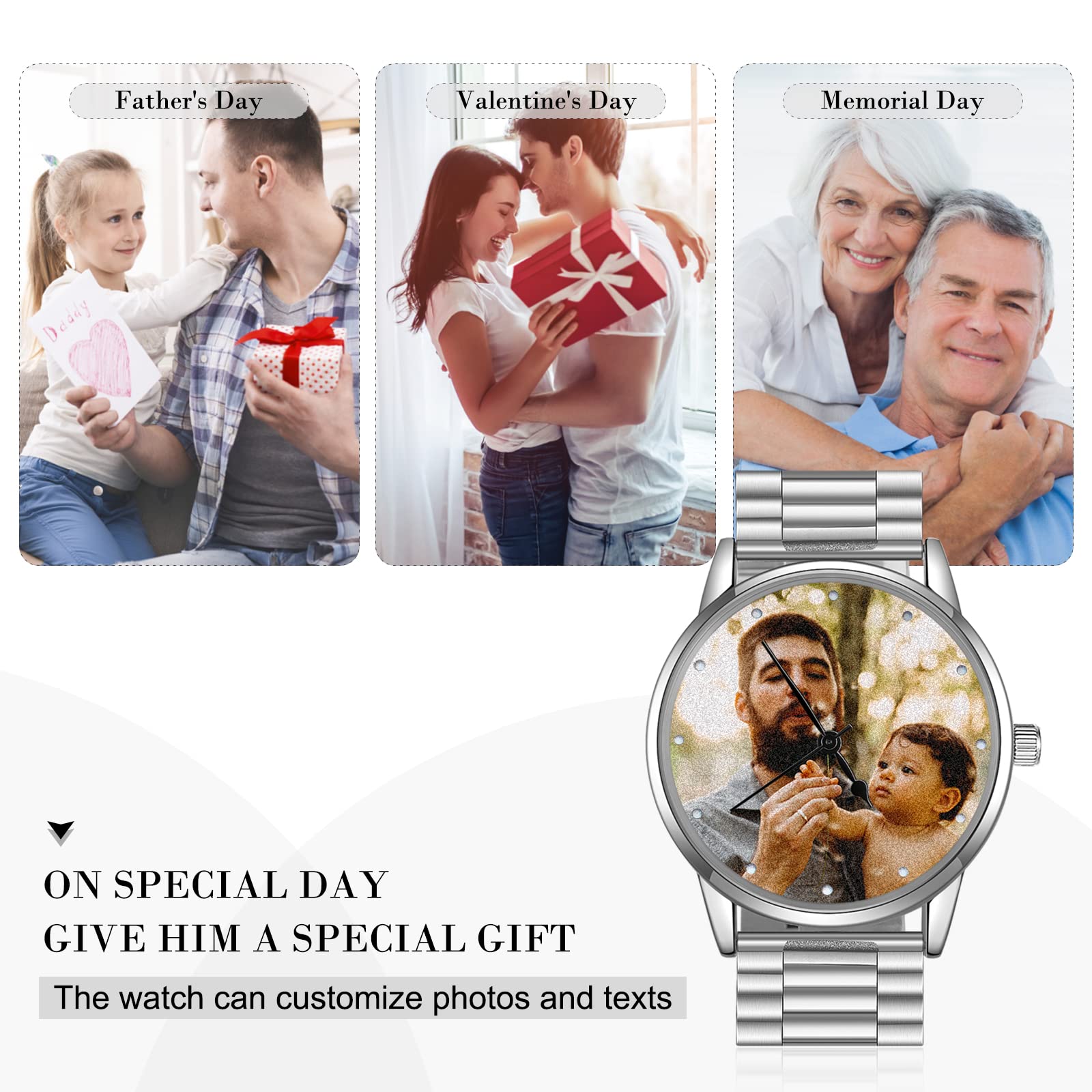 Jeweidea Personalized Photo Watch for Men Custom Engraved Name Picture Watch Stainless Steel Wrist Watch Unique Gift for Dad, Husband (Silver)