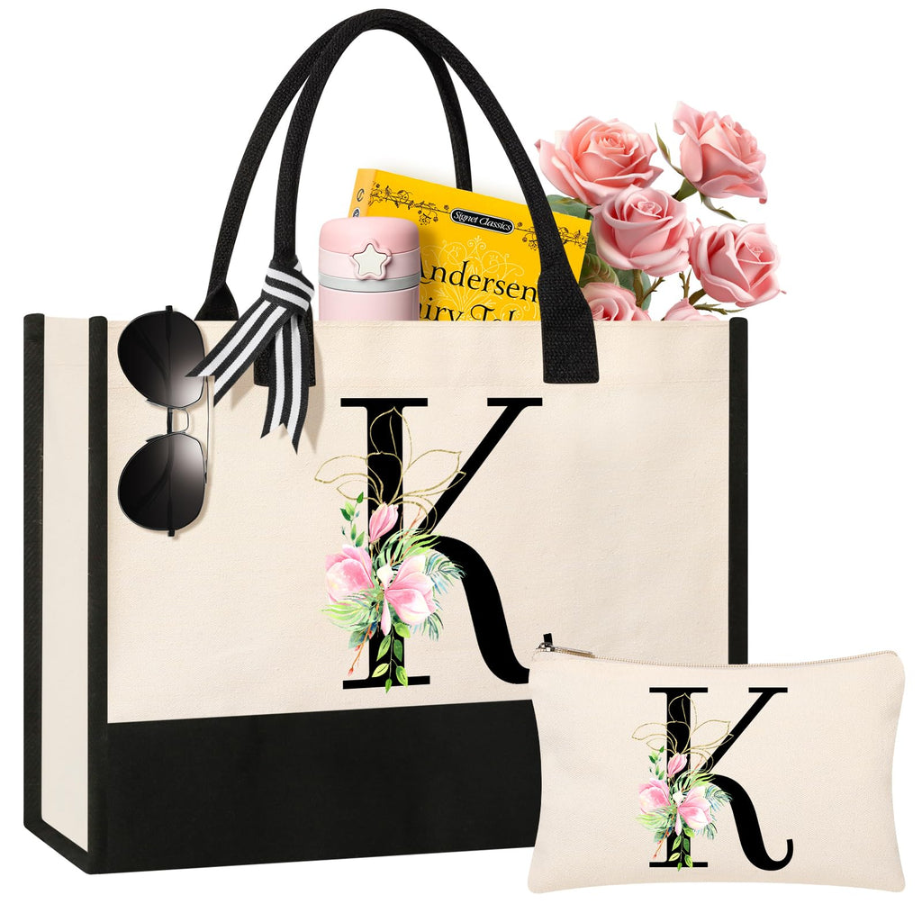 AYGE Personalized Initial Canvas Beach Bag Cosmetic Bags, Monogrammed Gifts for Women, Tote Bag, Makeup Bag, Birthday Gifts for Sister Mom Teacher Bridesmaid (K)