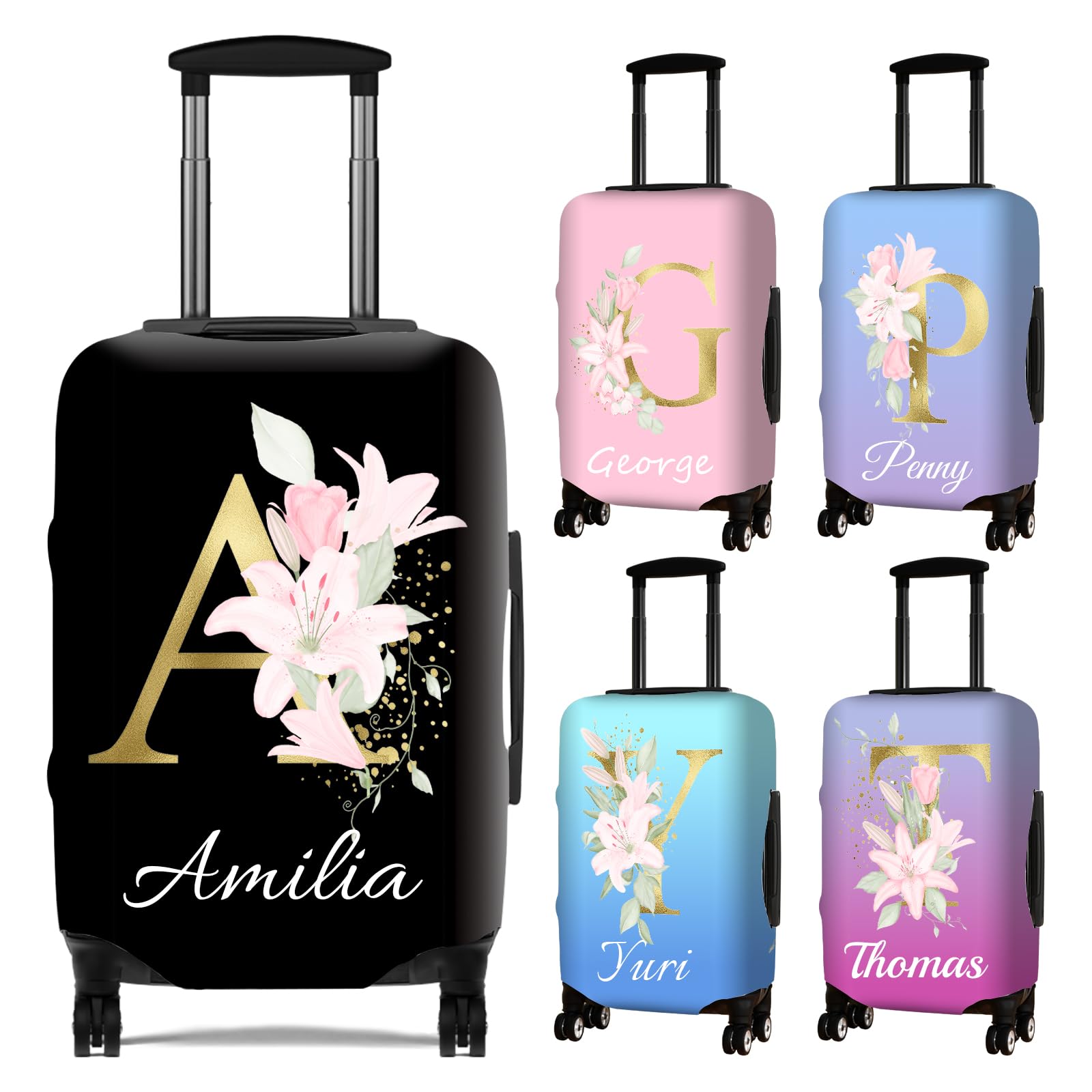 TOPCARPENTER Custom Floral Letter Luggage Cover - Elastic Washable Suitcase Covers for Luggage,Personalized Luggage Protector with Name,Travel Gifts for Men Women Couples Traveler(L)