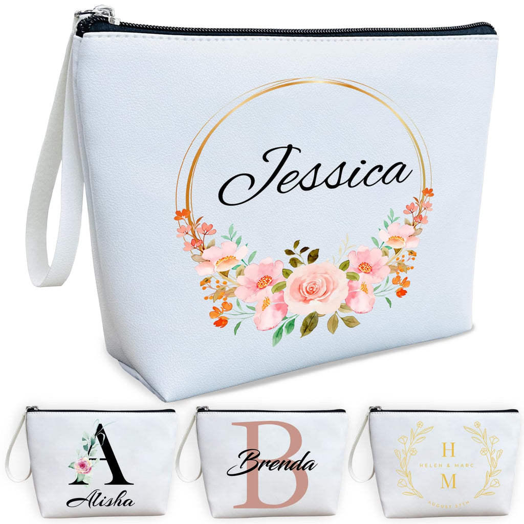 ubmpj Personalized Makeup Bag PU Leather Waterproof Custom Monogrammed Cosmetic Bag with Inner Pocket Gift for Wedding Birthday Christmas Bride Bridesmaid Friends