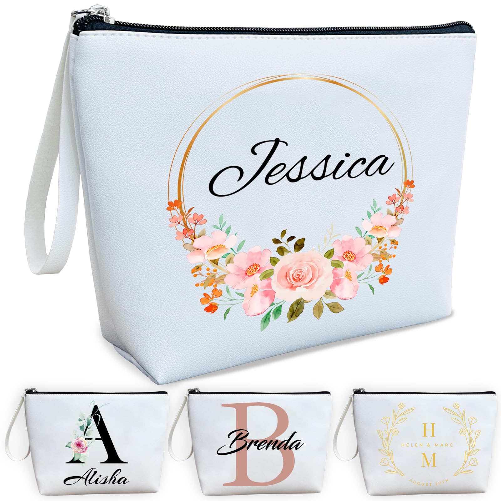ubmpj Personalized Makeup Bag PU Leather Waterproof Custom Monogrammed Cosmetic Bag with Inner Pocket Gift for Wedding Birthday Christmas Bride Bridesmaid Friends