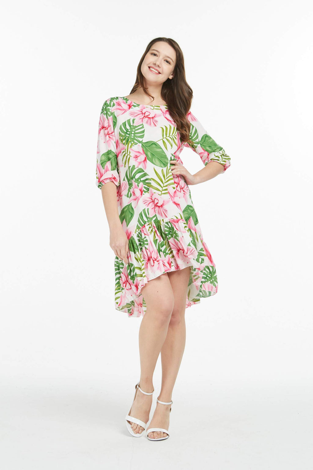 Matchable Family Hawaiian Luau 3/4 Sleeve Dress, Lotus and Orchid, Women, Small
