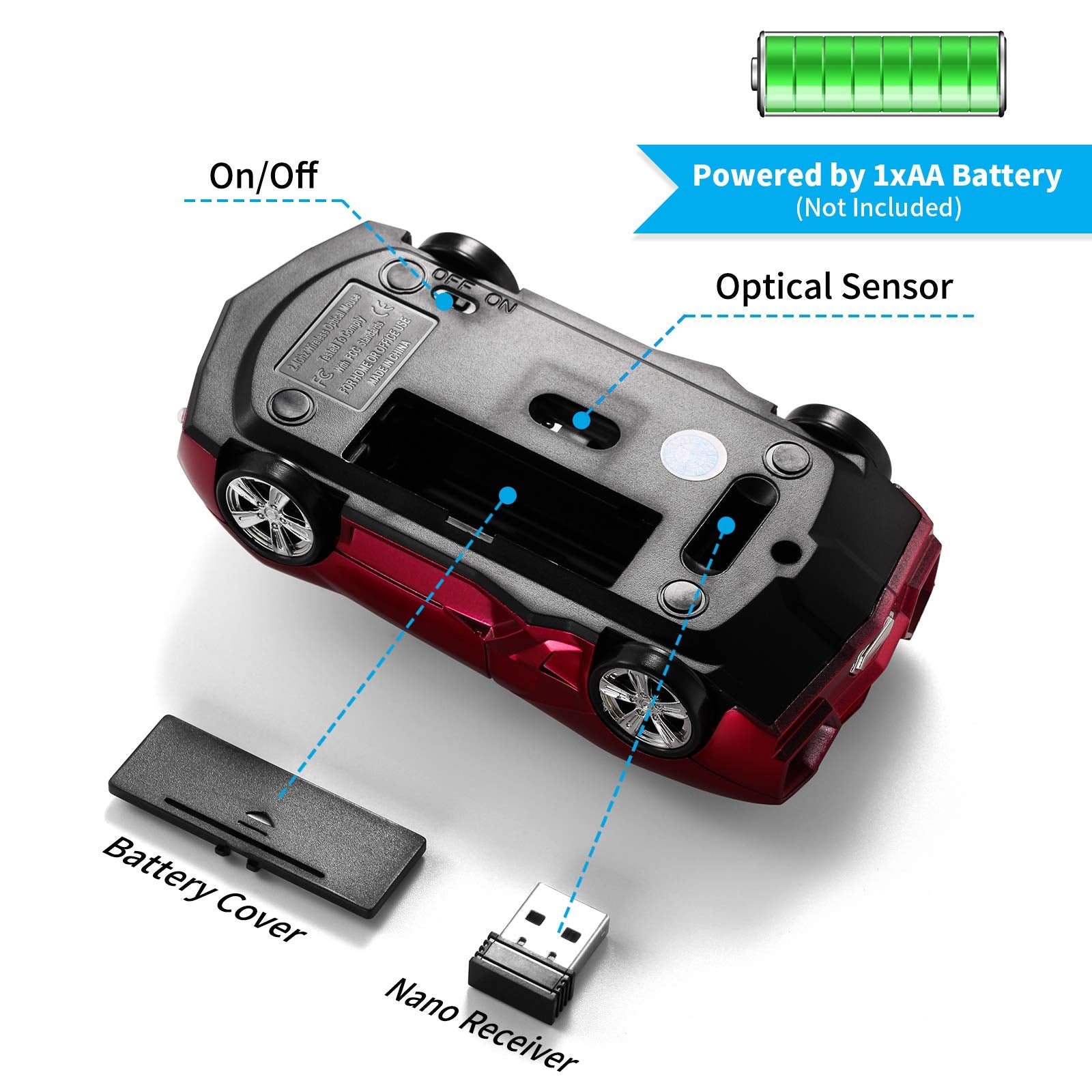 BKLNOG Sports Car Shaped Computer Mouse [Updated] with LED Headlights, 1600 DPI Optical Sensor 2.4 GHz Wireless Mouse for PC & Mac, Red