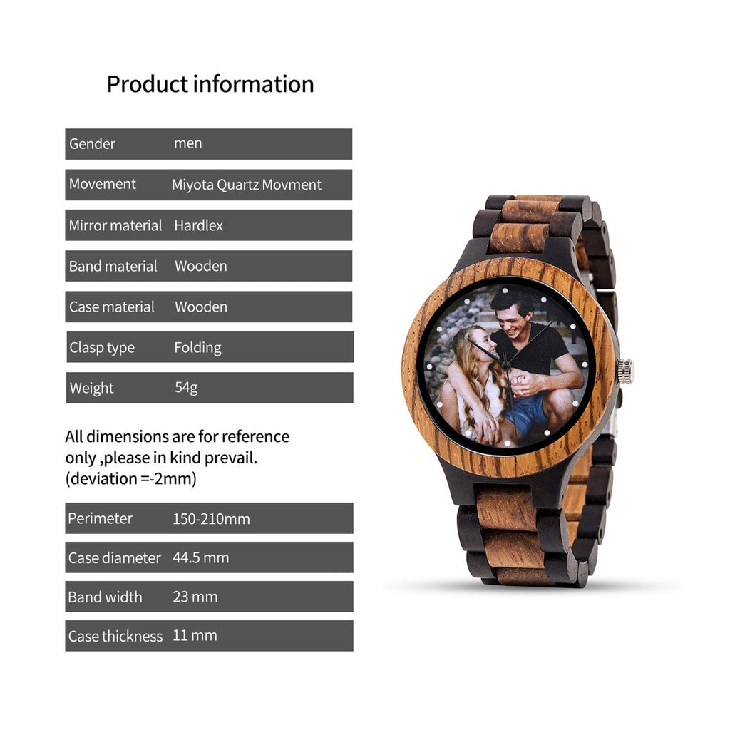 Personalized Customized Wooden Watch for Men Original Engraved Photo Natural Wood Watches with Adjustable Wristband for Birthday Anniversary Present for Husband Dad Son or Boyfriend (Colorful)