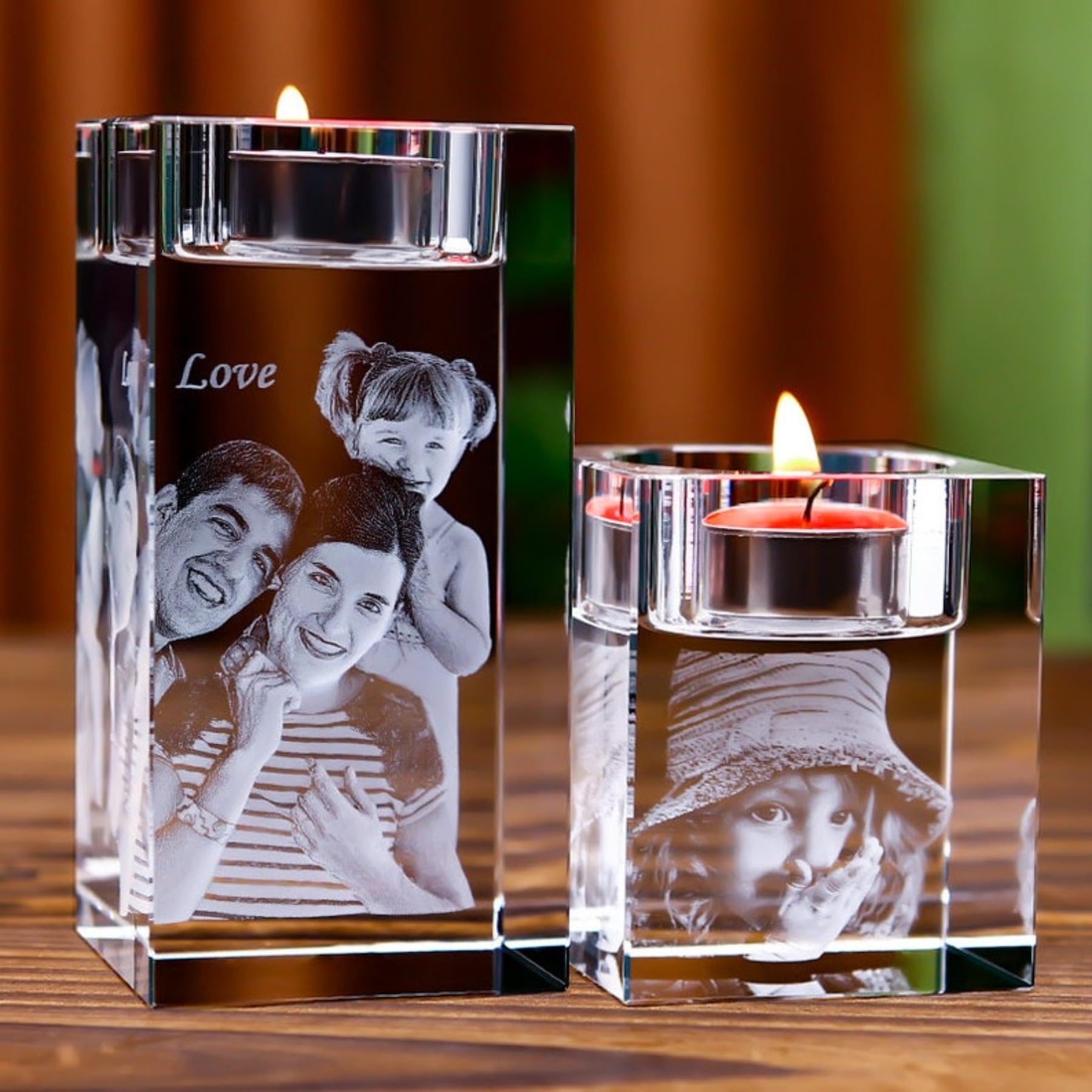 Custom Personalized 3D Laser Engraved Photo Picture K9 Crystal Candle Holder Stand Personalized Photo Engraved Crystal Candelabra (5x5x8cm)