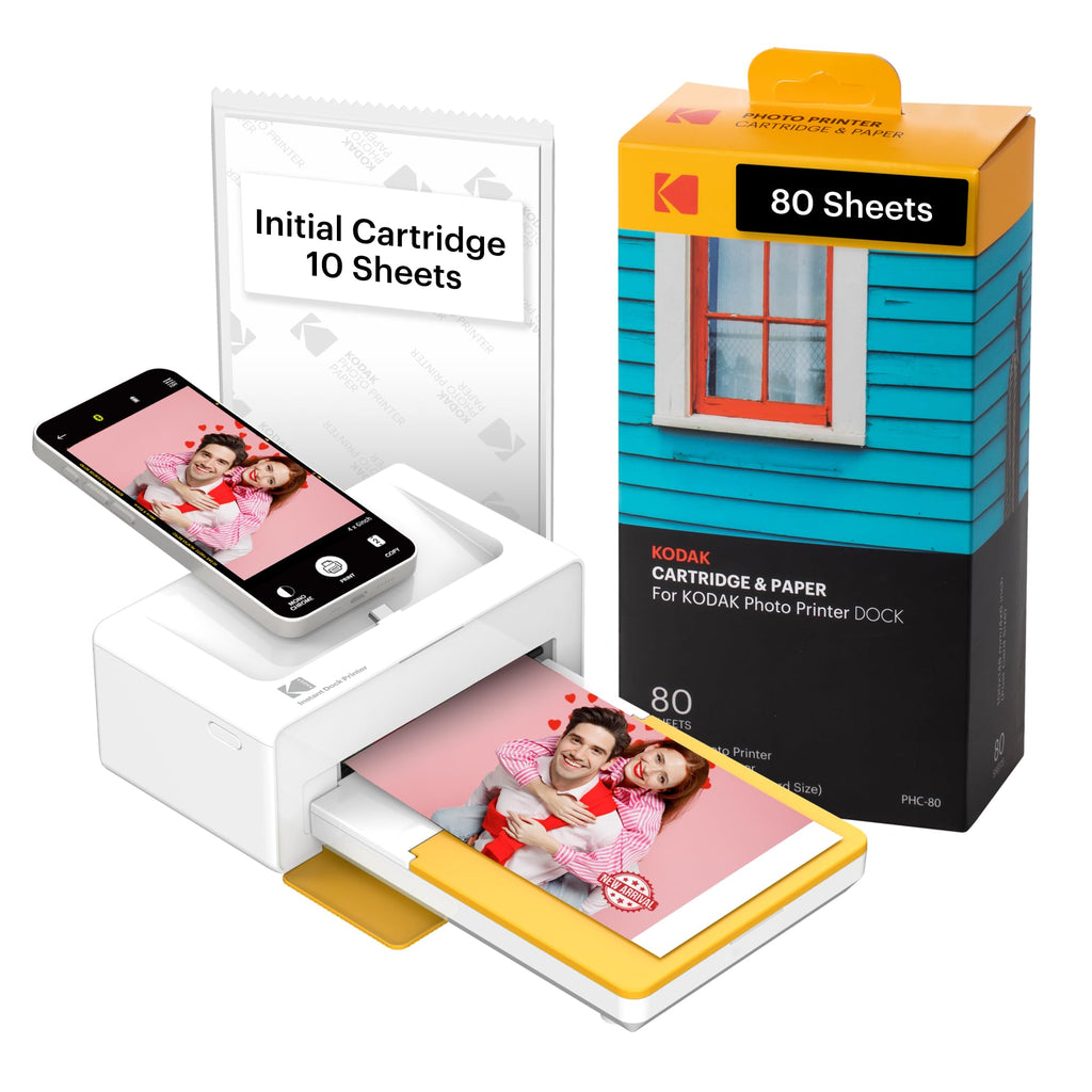 KODAK Dock Plus 4PASS Instant Photo Printer (4x6 inches) + 90 Sheets Bundle (10 Initial Sheets + 80 Sheet Pack)