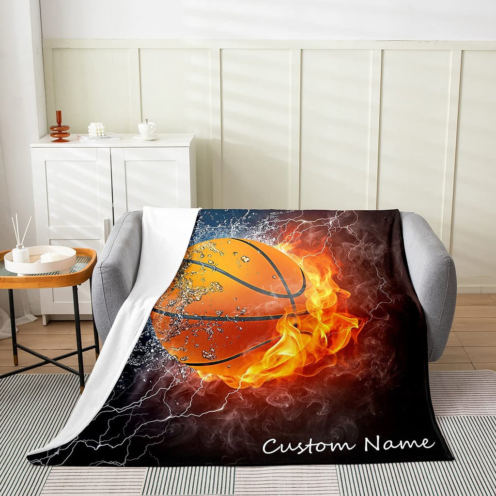 Erosebridal Basketball Throw Blanket Throw Size with Custom Name,Basketball Blanket for Boys,Personalized Sports Fleece Blanket for Youth, Ice and Fire Red Frame Flannel Blanket