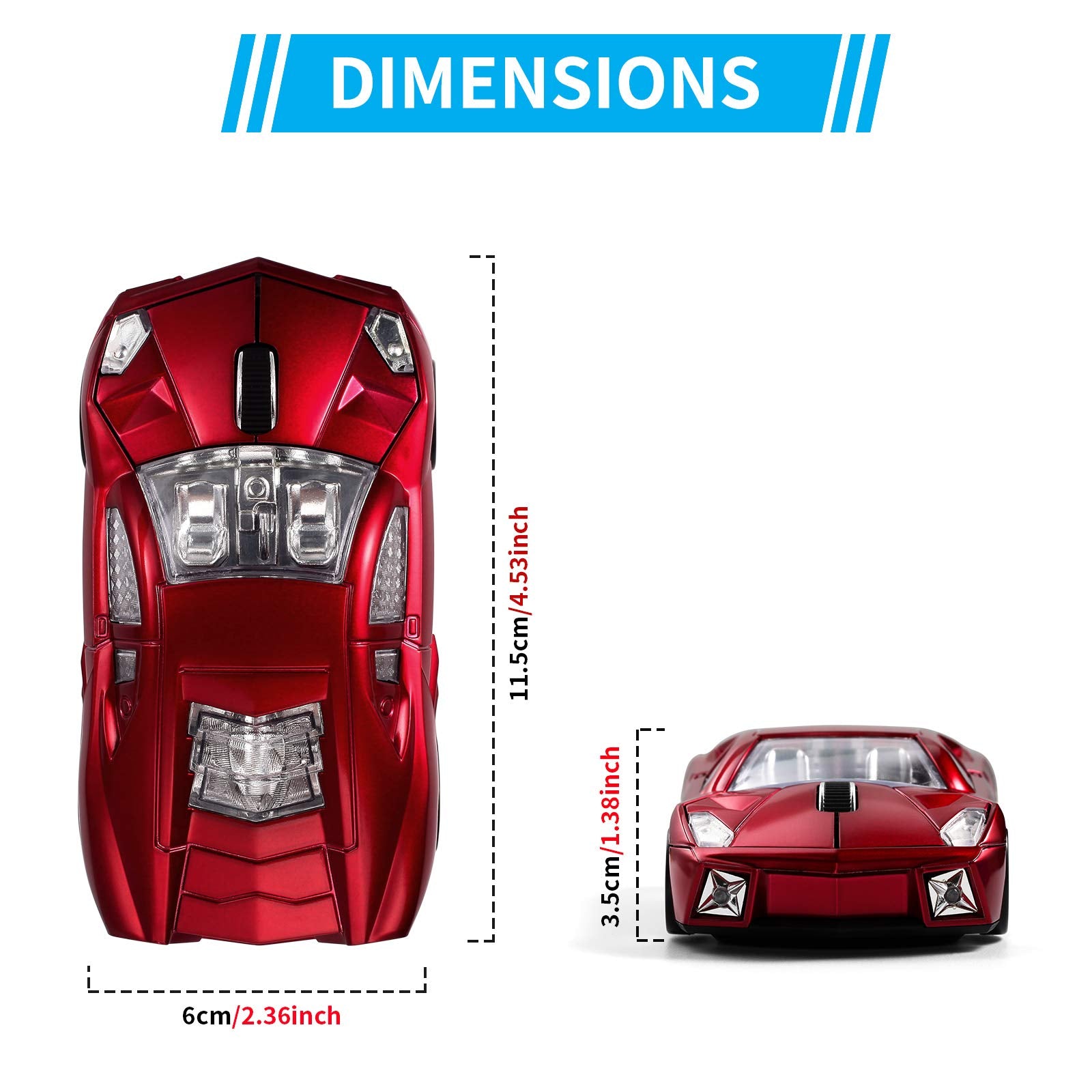 BKLNOG Sports Car Shaped Computer Mouse [Updated] with LED Headlights, 1600 DPI Optical Sensor 2.4 GHz Wireless Mouse for PC & Mac, Red