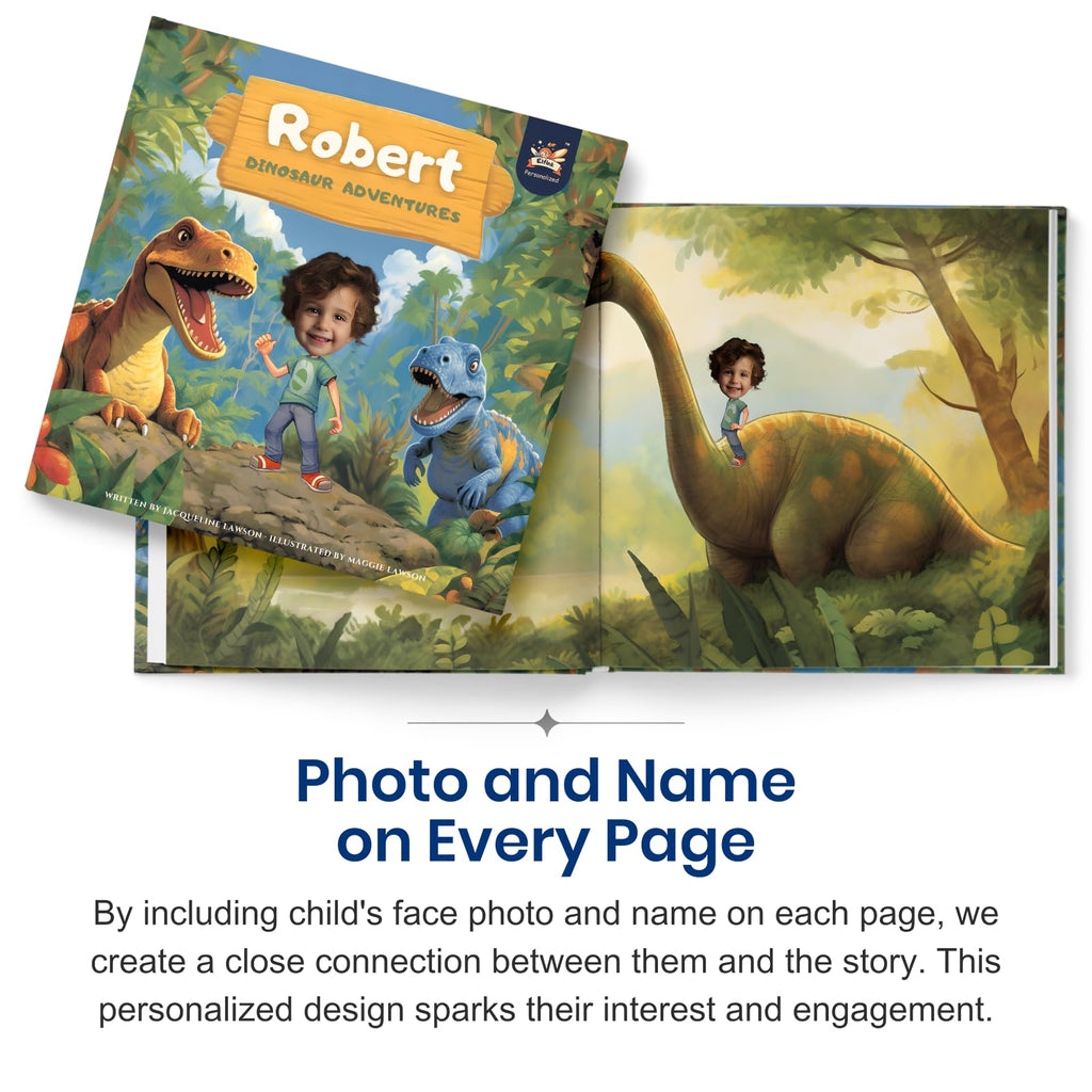 Personalized Children Story Book - Dinosaur Adventure - Customized Name & Photo - Baby Gifts - Kids Engaging Story - Elfink (Soft Cover)