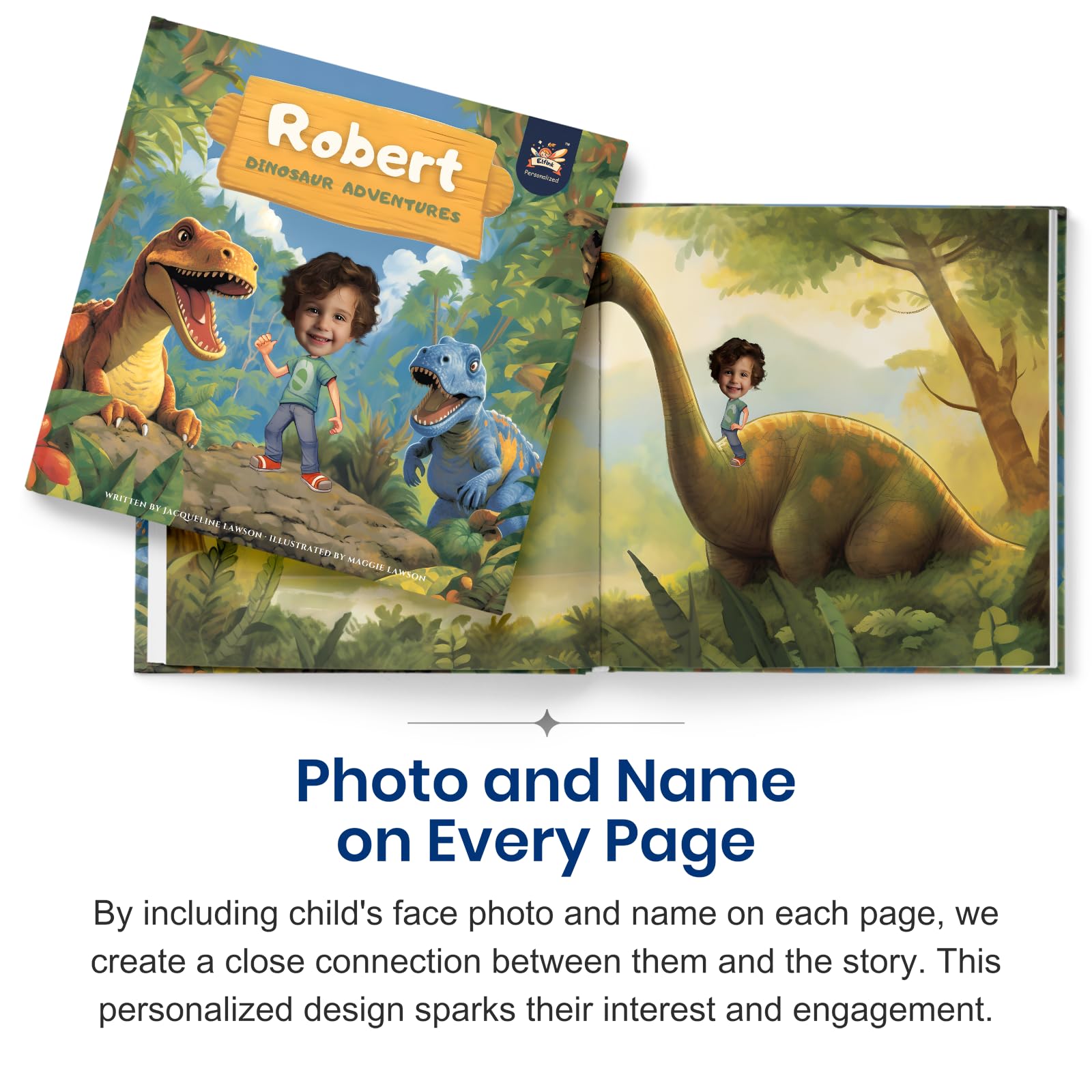Personalized Children Story Book - Dinosaur Adventure - Customized Name & Photo - Baby Gifts - Kids Engaging Story - Elfink (Soft Cover)
