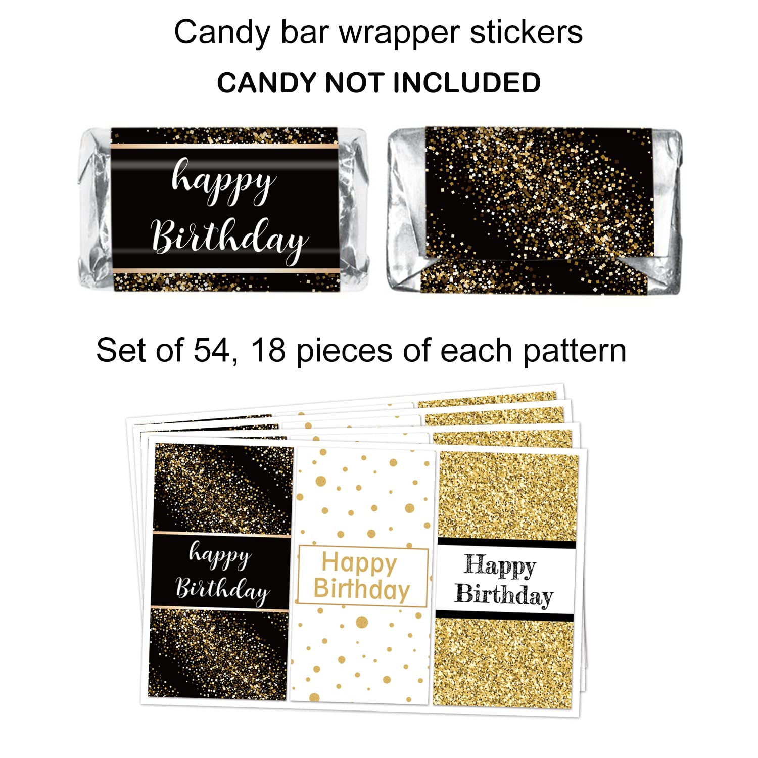 Happy Birthday Candy Bar Wrappers, Black and Gold Mini Candy Bar Wrappers Birthday Party Favors, Pack of 54