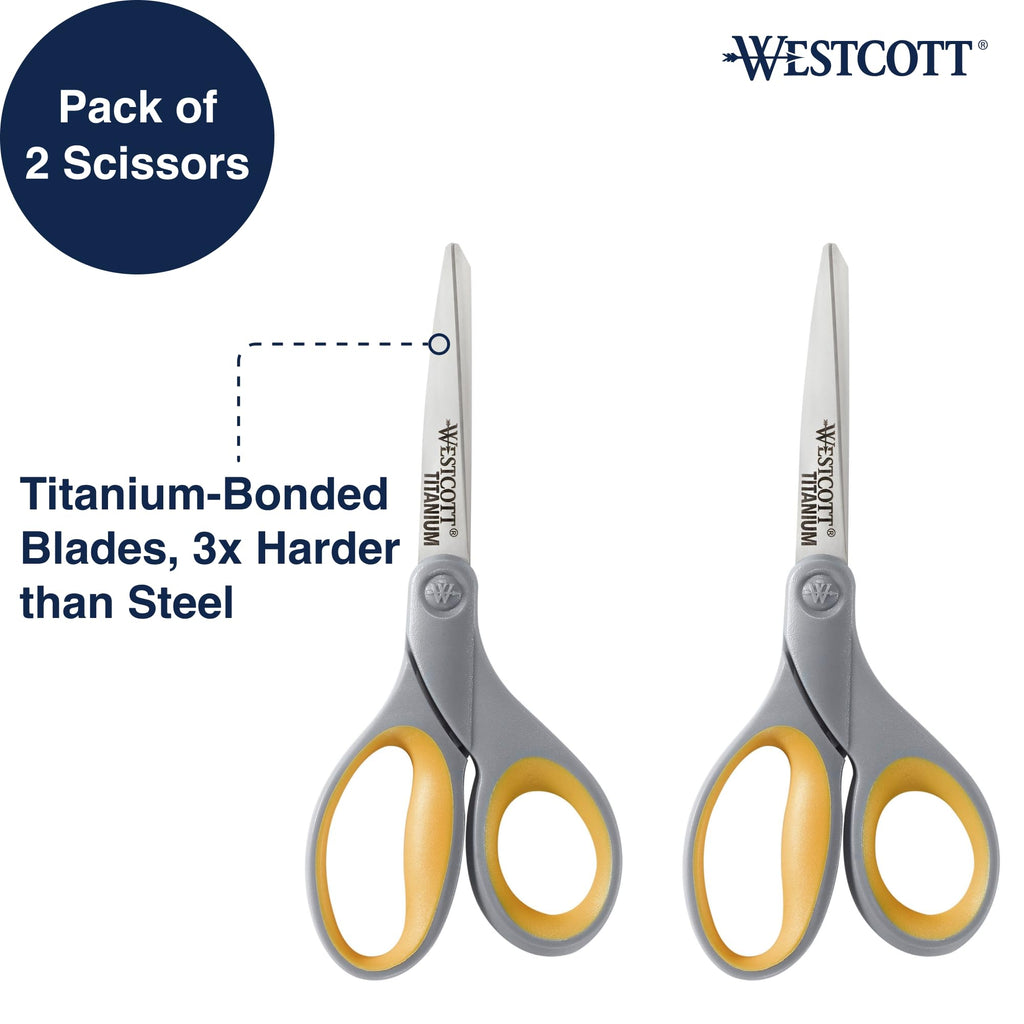 Westcott 13901 8-Inch Titanium Scissors For Office and Home, Yellow/Gray, 2 Pack