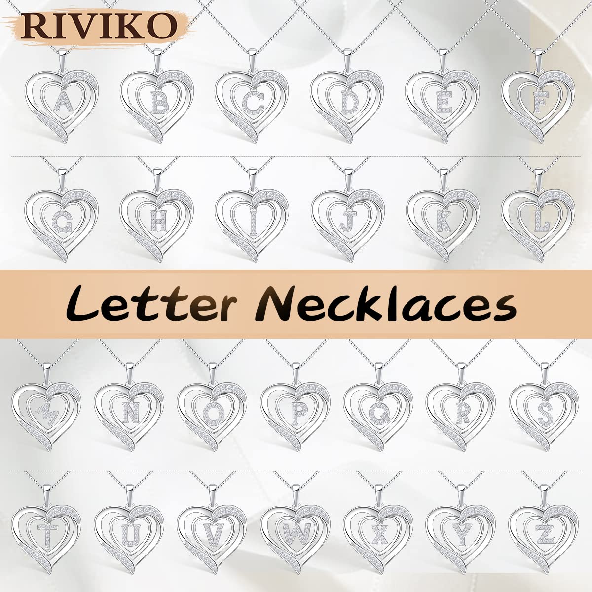 RIVIKO Heart Initial Necklace for Women, 925 Sterling Silver Dainty Letter Pendant Necklaces, Sterling Silver, Cubic Zirconia