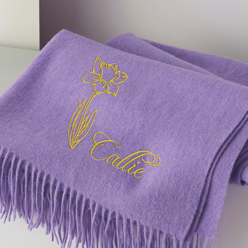 callie Personalized Winter Scarf for Men/Women with Custom Embroidered Birth Flower and Name, Soft Warm Scarf, 8 Colors for Choose, Birthday Gifts Christmas Gifts