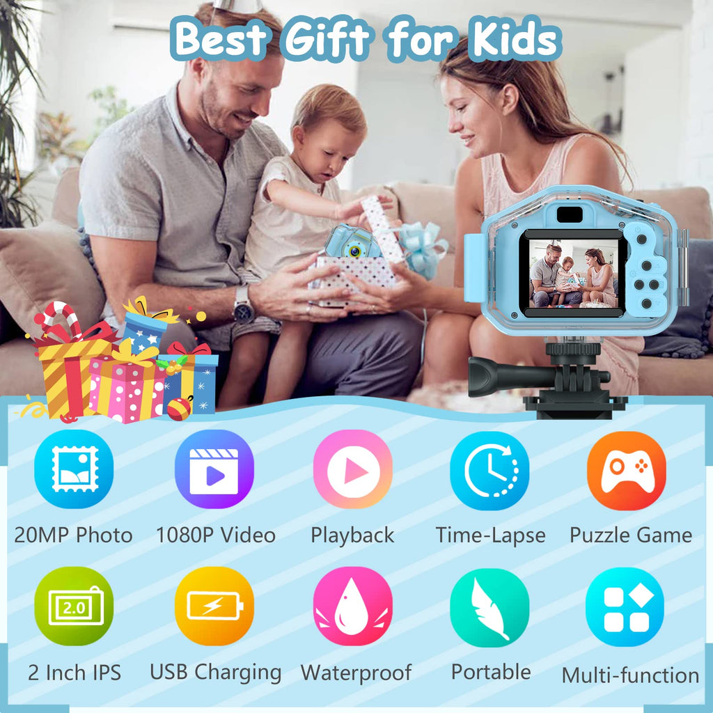 DEKER Kids Waterproof Camera for Boys, Christmas Birthday Gifts for Toys 3-12 Year Old, Mini Children Underwater Digital Action Camcorder (Light Blue)