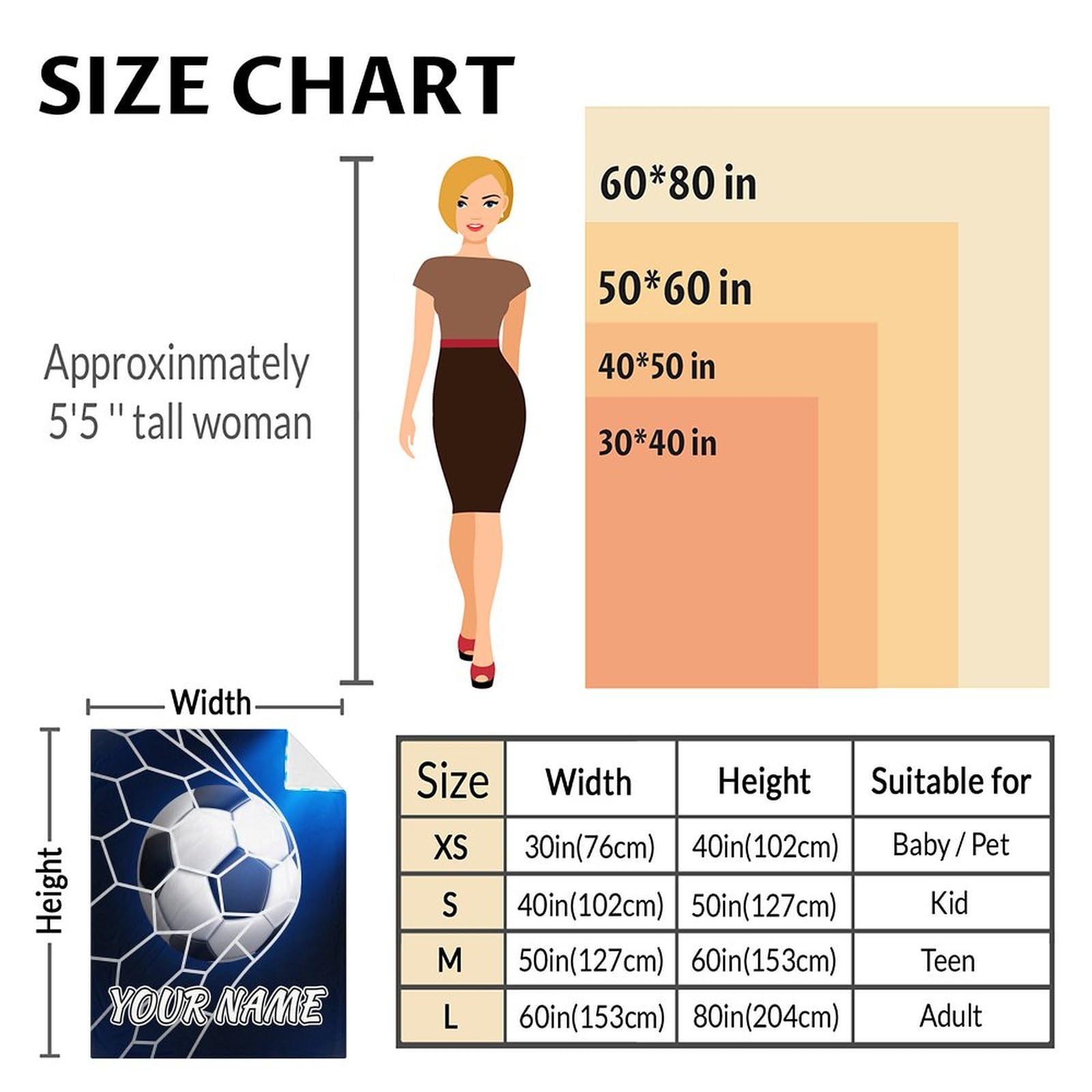 Personalized Soccer Blanket for Teens - 50x60 Inches Throw Size - Soft Fuzzy Cozy Blankets Gift for Soccer Team - Blue Sports Throw Blanket for Couch, Living Room & Office