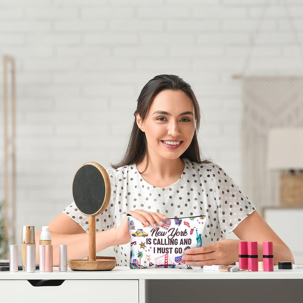 Sieral 5 Pcs New York Travel Gift New York Lover USA Themed Gifts Includes Makeup Bag Thermal Cup Keychain Mirror for Traveler Women Friend Sister Birthday Christmas Party