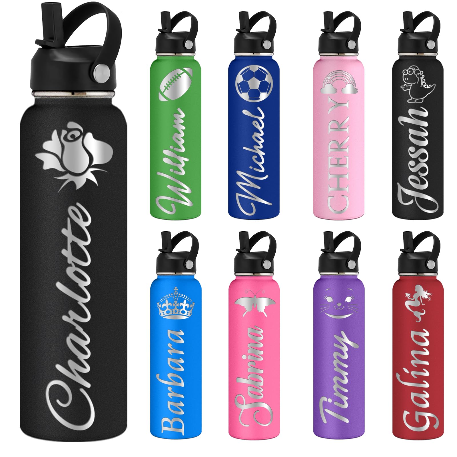 Custom Water Bottles Personalized with Straw Lid 24/32/40 oz Customized Stainless Steel Water Bottle with Engraved Names Double Wall Insulated for School Sports