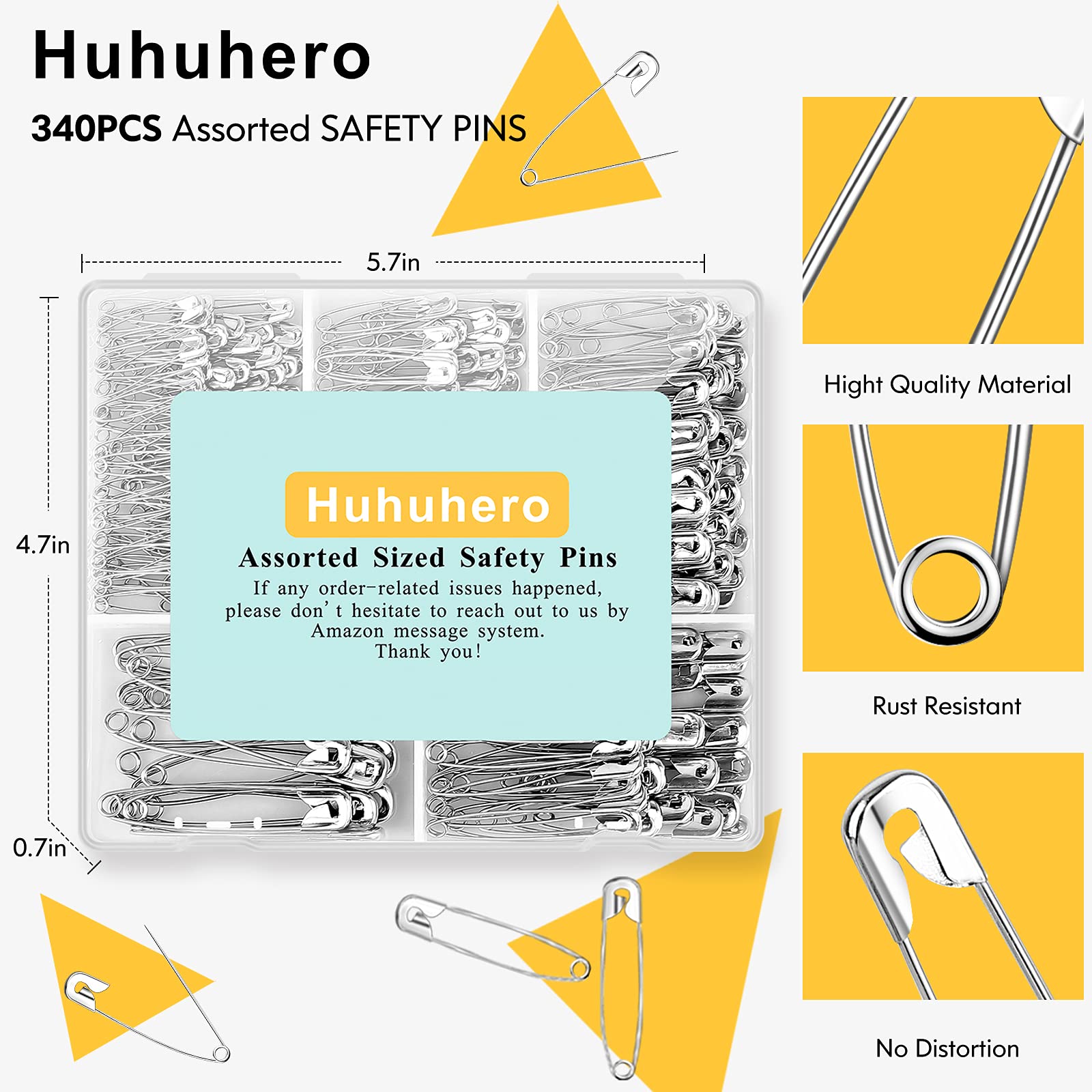 Huhuhero 340 Pack Safety Pins Assorted, 5 Different Sizes Small and Large Pins, Safety Pin for Clothes Costume Sewing, Nickel Plated Steel Bulk, Arts and Crafts Supplies, Silver