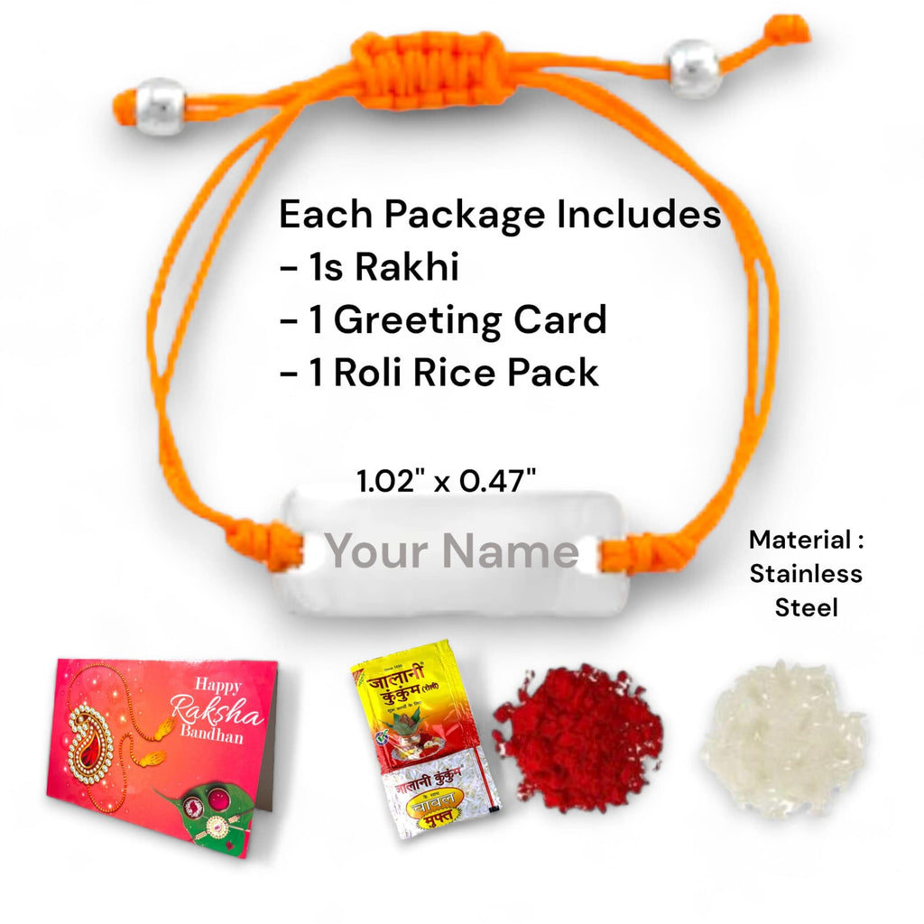 LoveNspire Personalized Stainless Steel Rakhi for Brother Custom Engraved Names Bracelet for Bhai - Raksha Bandhan Customizable Bracelets - Thread Rakhi Gift Hamper with Roli Chawal Greeting Card