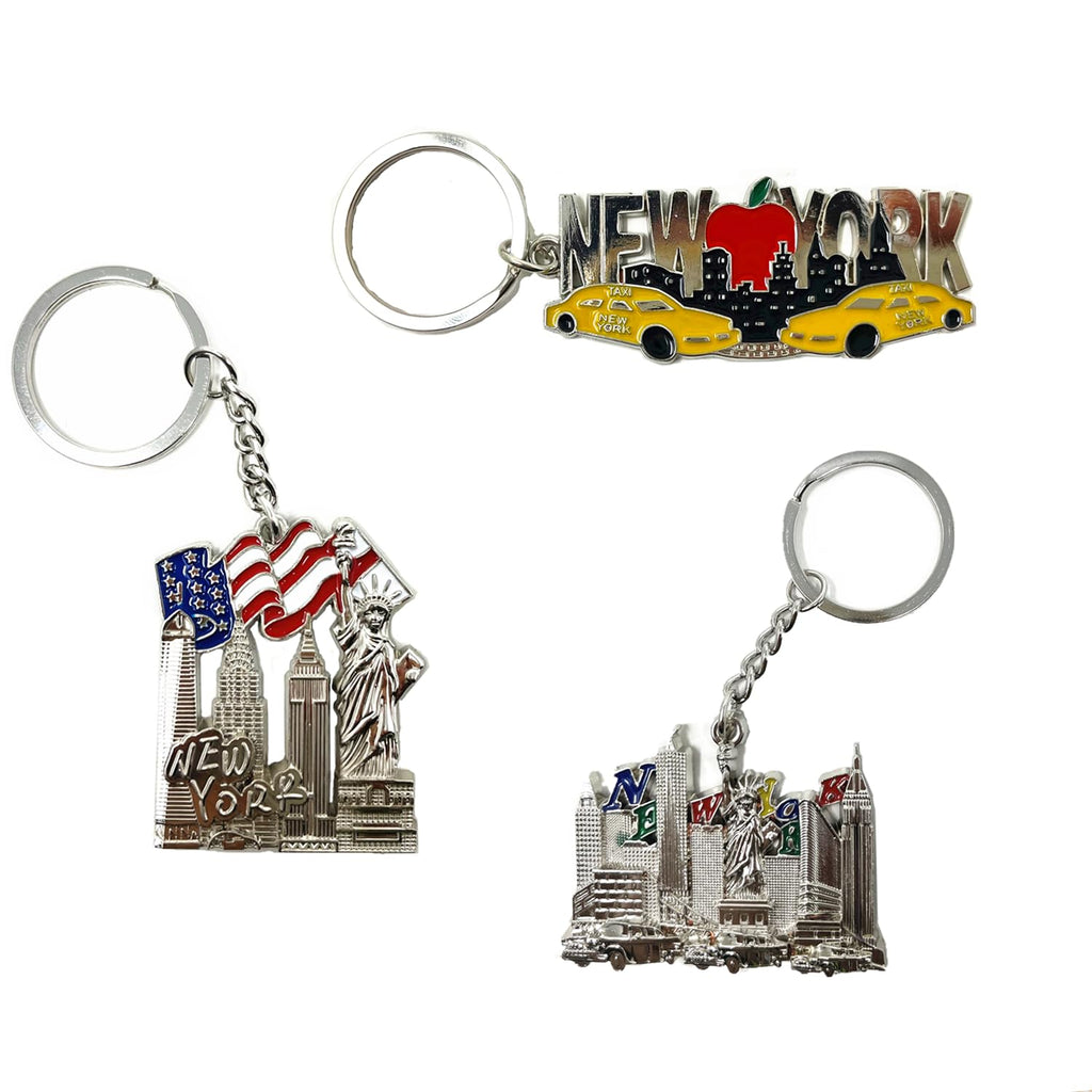12 Pack Silver NYC Souvenir Collection New York Metal Keychain Ring Bundle Bulk Includes Empire State, Freedom Tower, Statue Of Liberty, USA Flag,NY Cab, Apple, 3 Pc Bottle Opener too And More