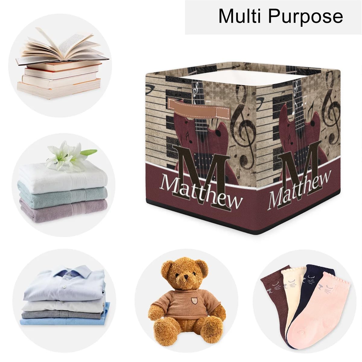 Retro Music Guitar Personalized Names Storage Bins Baskets for Organizing Custom Storage Baskets Collapsible with Handles for Clothes, Toys, Blanket, Towel,Pet Stuff