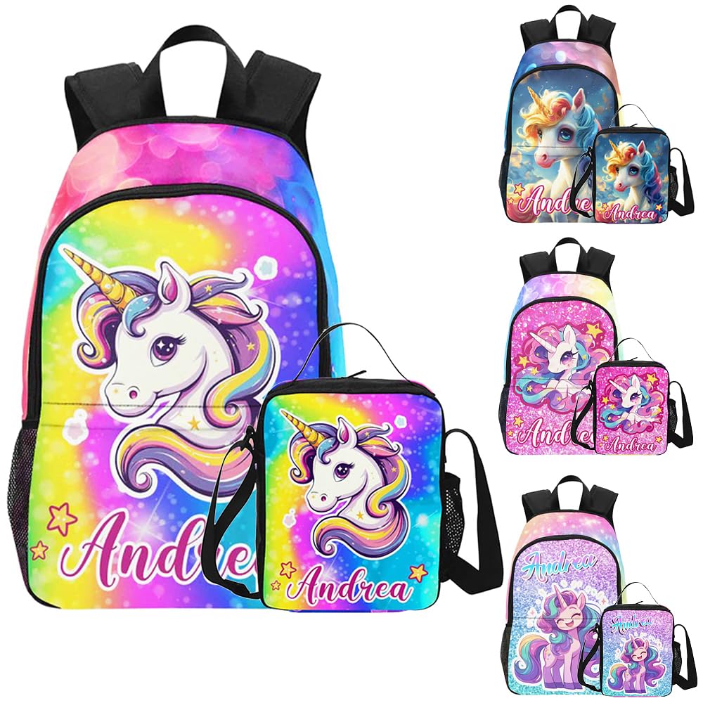 COLORSFORU Personalized Toddler Backpack for Girls with Rainbow Galaxy Unicorn Pattern, Custom Kid's Name School Backpack with Lunch Bag Box for Daughter, Unique Customized Travel School Bag Gifts