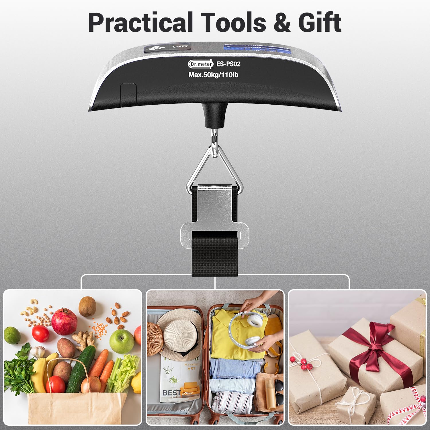 Luggage Scale, Dr.meter Travel Essentials Backlight LCD Display 110lb/50kg Luggage Weight Scale for Travel Accessories Portable Handheld Scale with Rubber Paint, Temperature Sensor, Battery Included