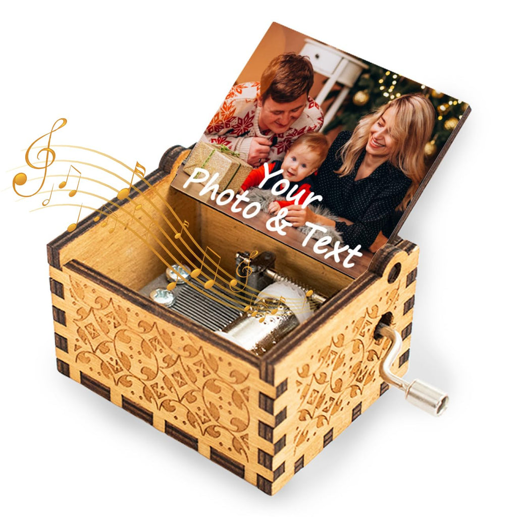 Custom Music Box Gifts for Woman Men Personalize Hand Crank Wooden Musical Boxes, Add Your Photo Name LOGO Image Suitable for Birthday Christmas Thanksgiving Mother's Day Keepsake