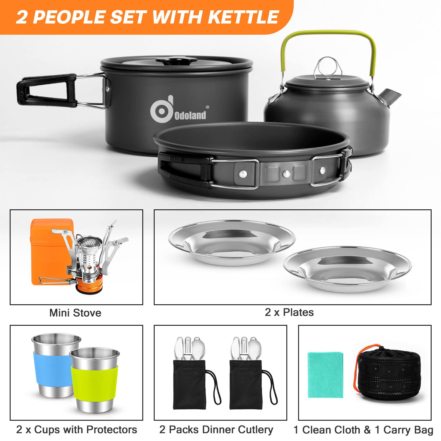 Odoland 16pcs Camping Cookware Set with Folding Camping Stove, Non-Stick Lightweight Pot Pan Kettle Set with Stainless Steel Cups Plates Forks Knives Spoons for Camping Backpacking Outdoor Picnic