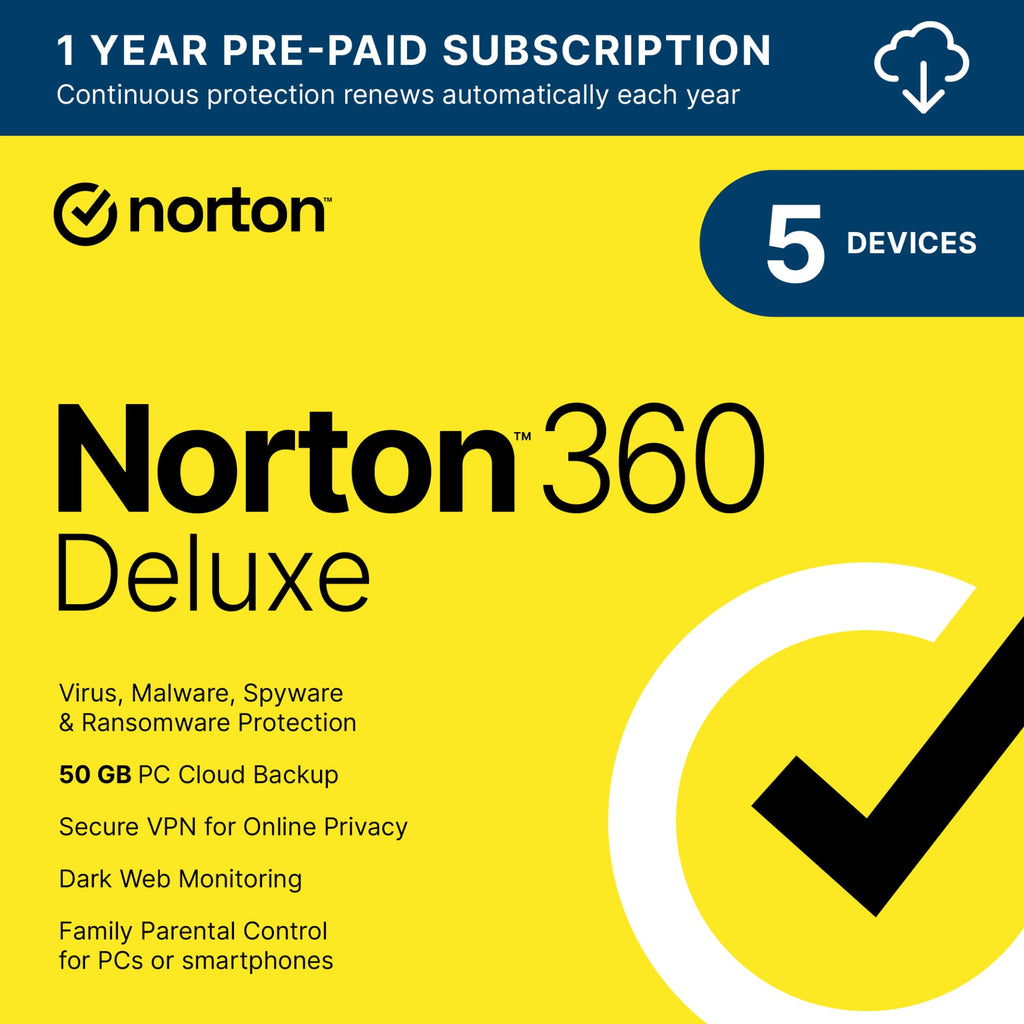 Norton 360 Deluxe 2025, Antivirus software for 5 Devices with Auto Renewal - Includes VPN, PC Cloud Backup & Dark Web Monitoring [Download]
