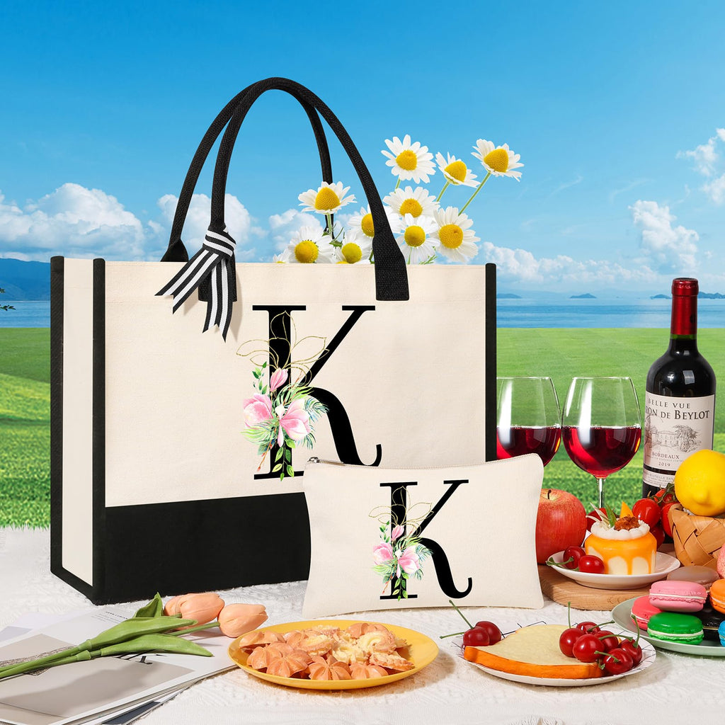 AYGE Personalized Initial Canvas Beach Bag Cosmetic Bags, Monogrammed Gifts for Women, Tote Bag, Makeup Bag, Birthday Gifts for Sister Mom Teacher Bridesmaid (K)