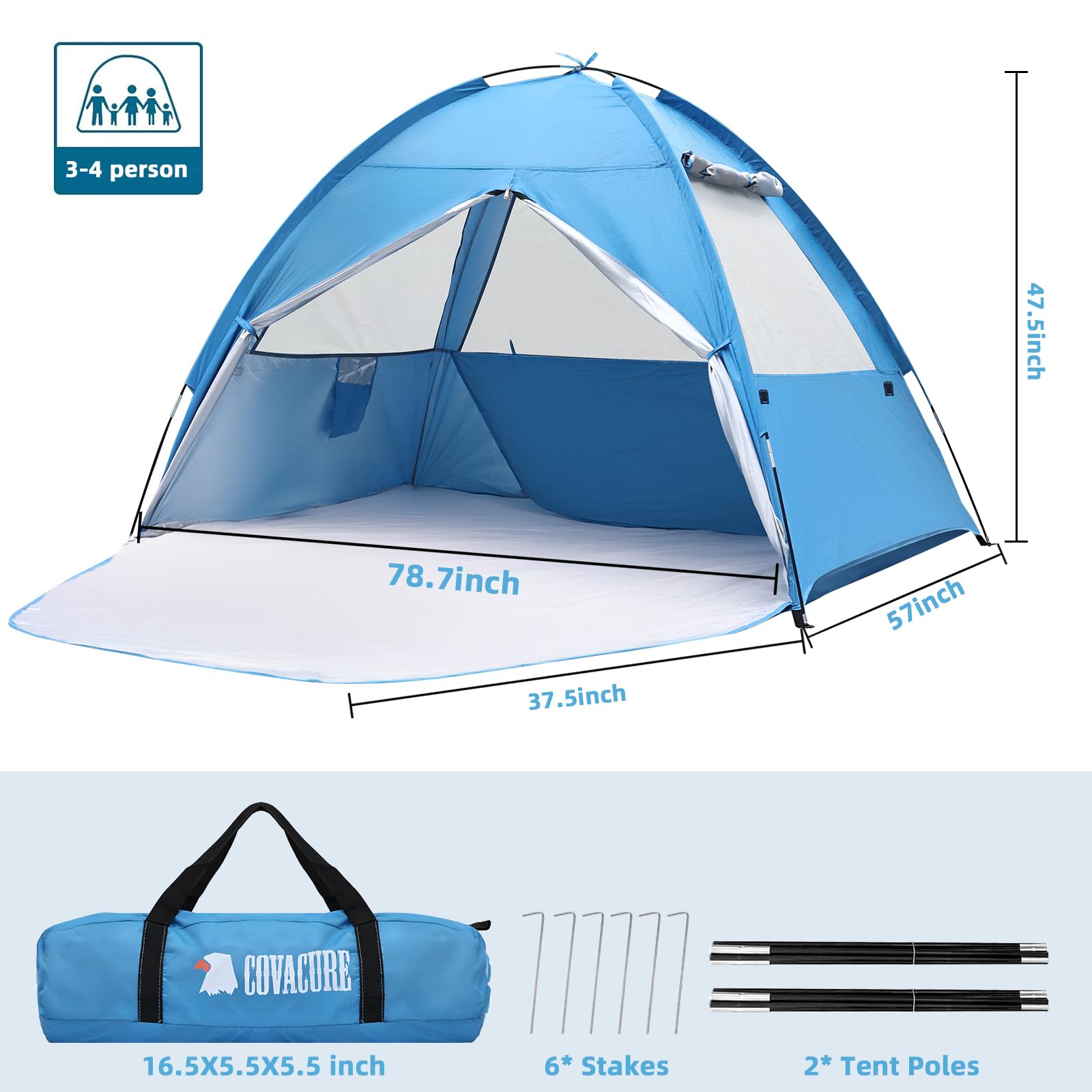 COVACURE Beach Tent Sun Shelter - Large Easy Setup Beach Tent, UPF 50+ UV Waterproof Lightweight Beach Shade Tent for 3-4 Person, Outdoor Tent for Beach, Camping, Fishing