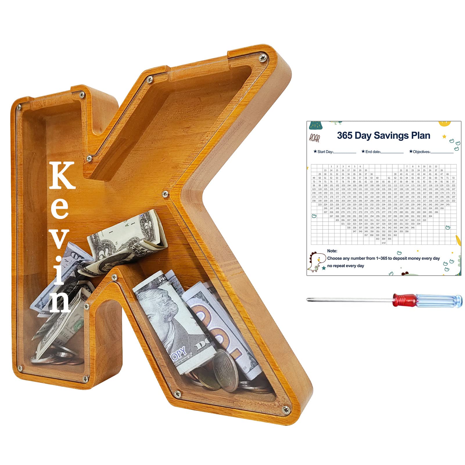 Custom Piggy Bank with Laser Engraved Name, Creative Alphabet Letter Storage Bank, Personalized Wooden Toy with DIY Letter for Kids, Money Bank (K)