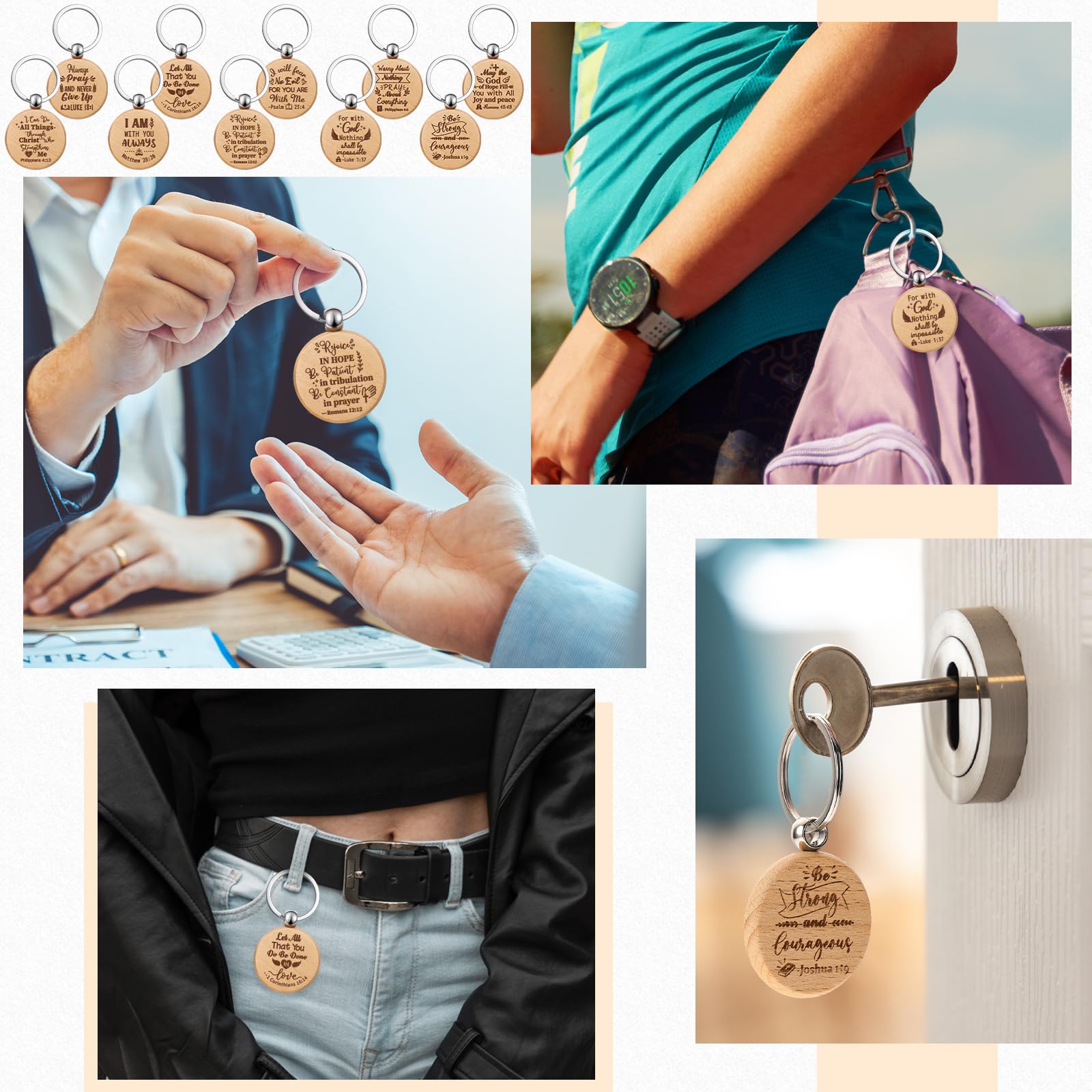Chunful 100 Pcs Wooden Bible Inspirational Keychains Bulk Bible Verse Key Rings Religious Christian Keychains Rustic Engraving Thank Teacher Gift Graduation Gift for Women Men Students