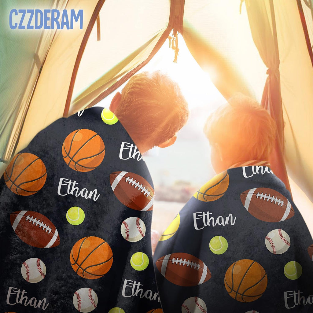 CZZDERAM Baby Boy Personalized Blanket Sports,Customized Sport Baby Blanket with Name,Ball Toddler Blanket,Customezed Birthday for Girl Boy Teens, Baby Shower Newborn Gifts