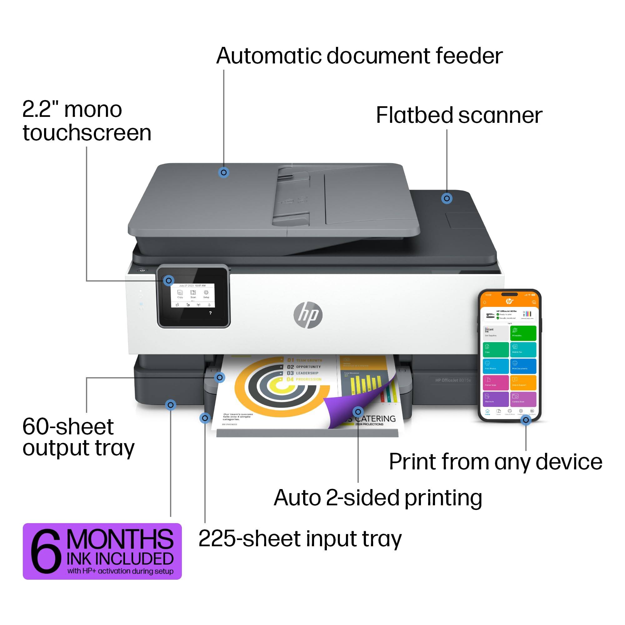 HP OfficeJet 8015e Wireless Color All-in-One Printer, 6 months of Instant Ink included