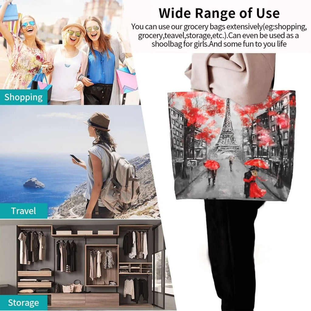 Romantic Eiffel Tower Grocery Bag French Tote Shopping Bag, Stylish Paris Street Gift Bag Paris Reusable Beach Bags Shoulder Bag Handbag