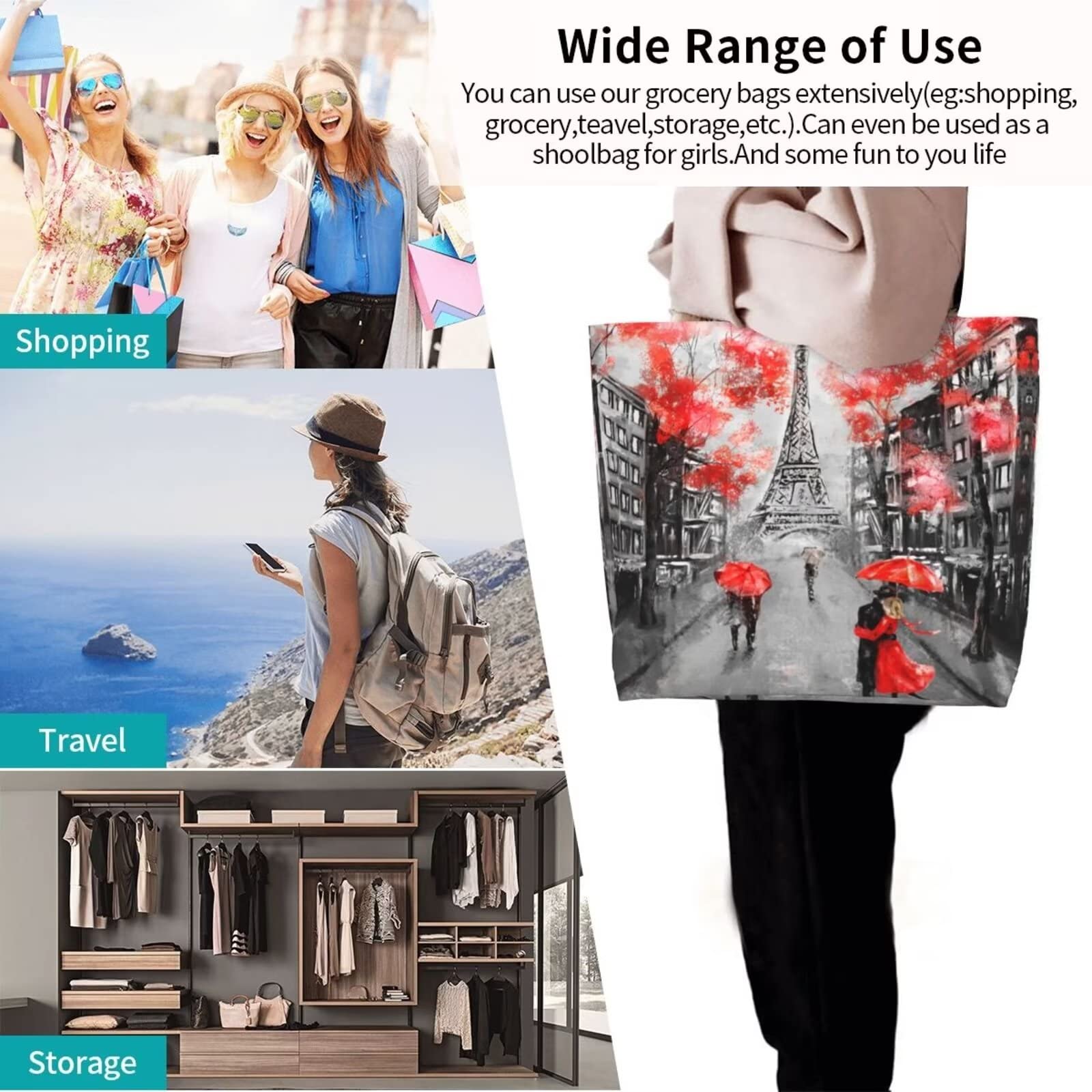 Romantic Eiffel Tower Grocery Bag French Tote Shopping Bag, Stylish Paris Street Gift Bag Paris Reusable Beach Bags Shoulder Bag Handbag