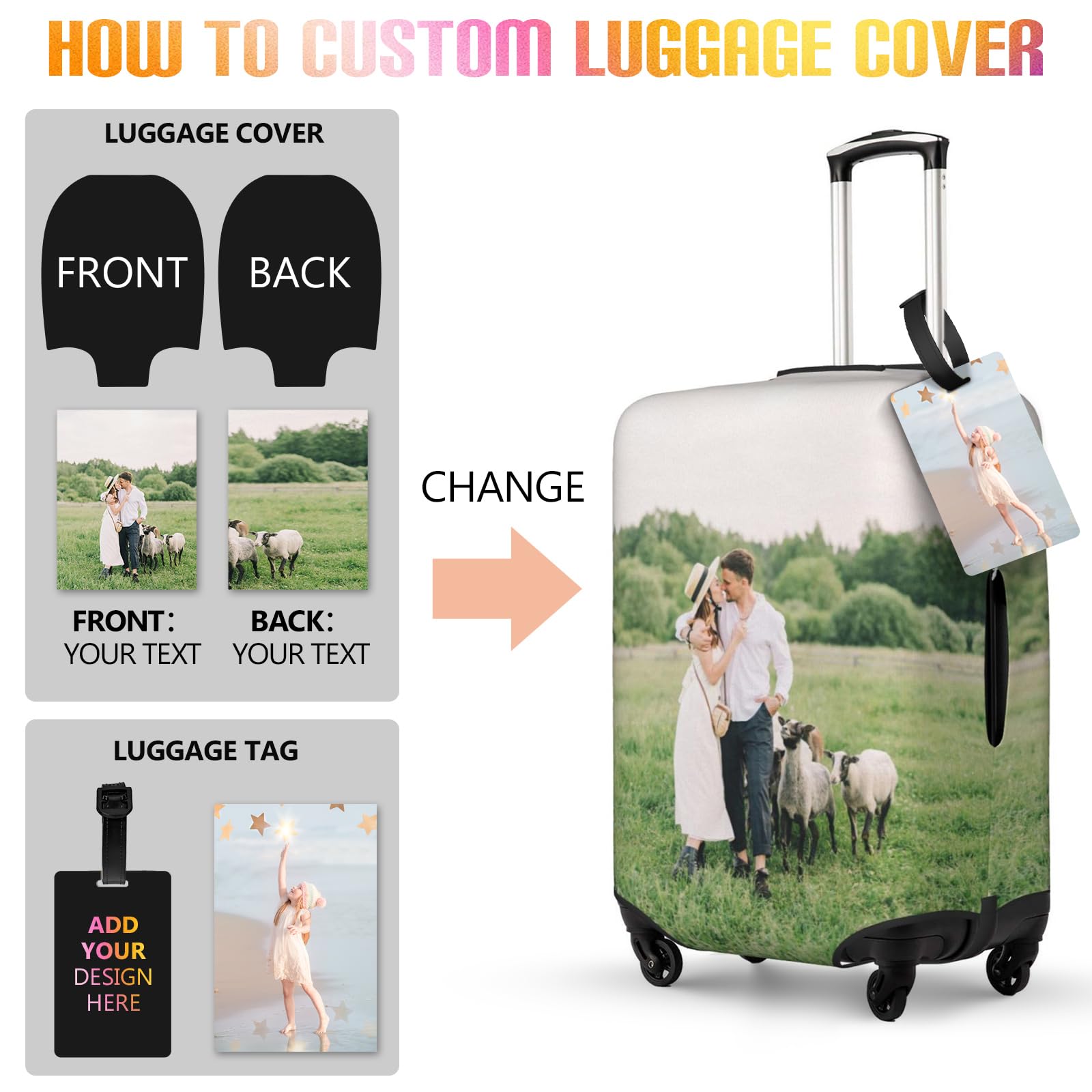 ELESTONE Custom Luggage Cover for 18-32 Inch Suitcase, Personalized Luggage Cover Design Your Name Photo Text LOGO, Double Sided Design, Customized Washable Travel Suitcase Cover (Photo, XL)