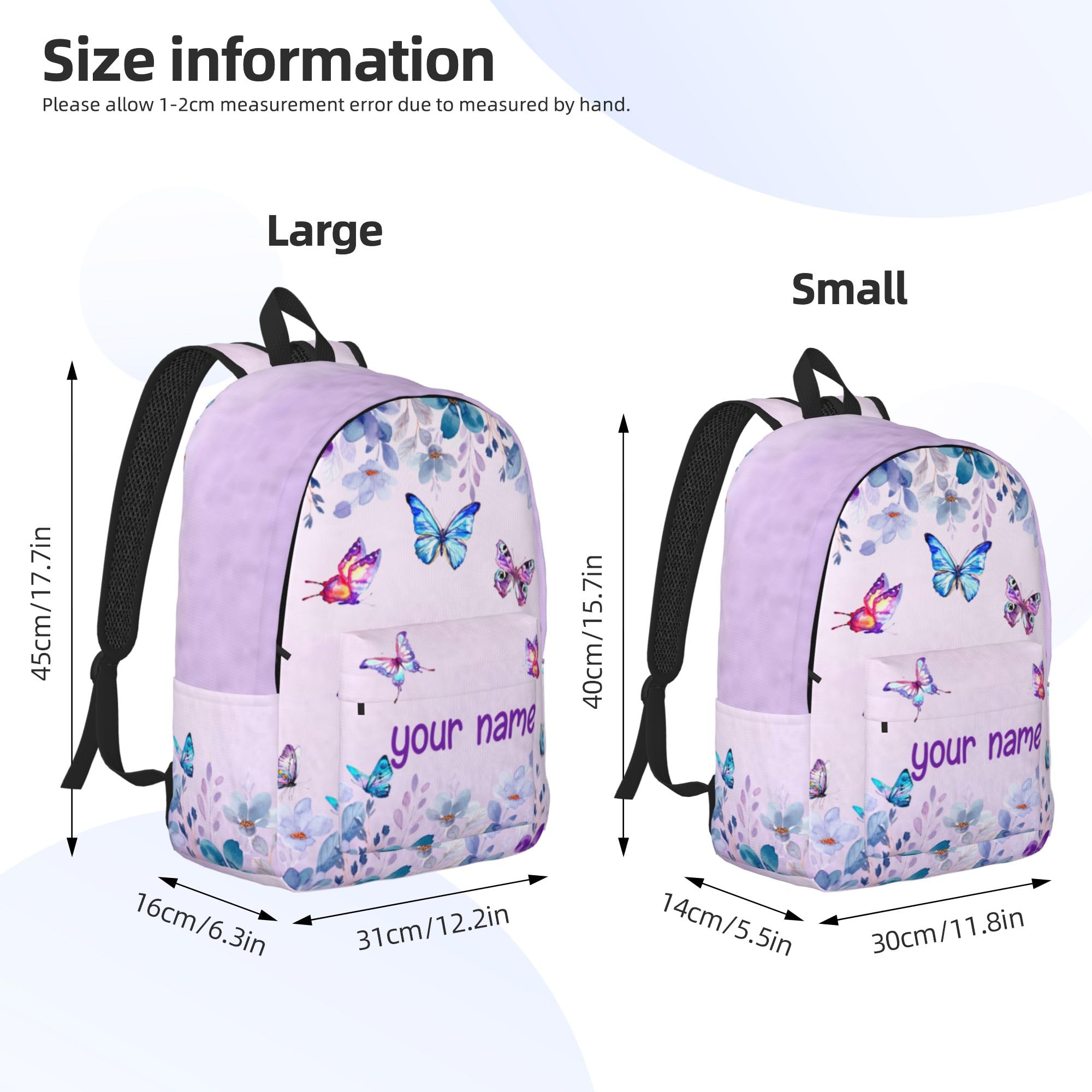 J&SBGFT Personalized Butterfly Backpack for Girls, Custom Backpacks with Names, Customized Book Bags for Kids Girls, Bags for Kids Back to School 15in