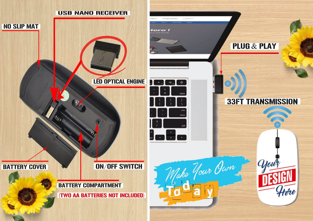 maizi Custom Wireless Mouse Personalized Wireless Mouse for Laptop, Design Your Own Computer Mouse Wireless 2.4G USB Receiver, Design with Photo, Image, or Logo on Mouse Wireless